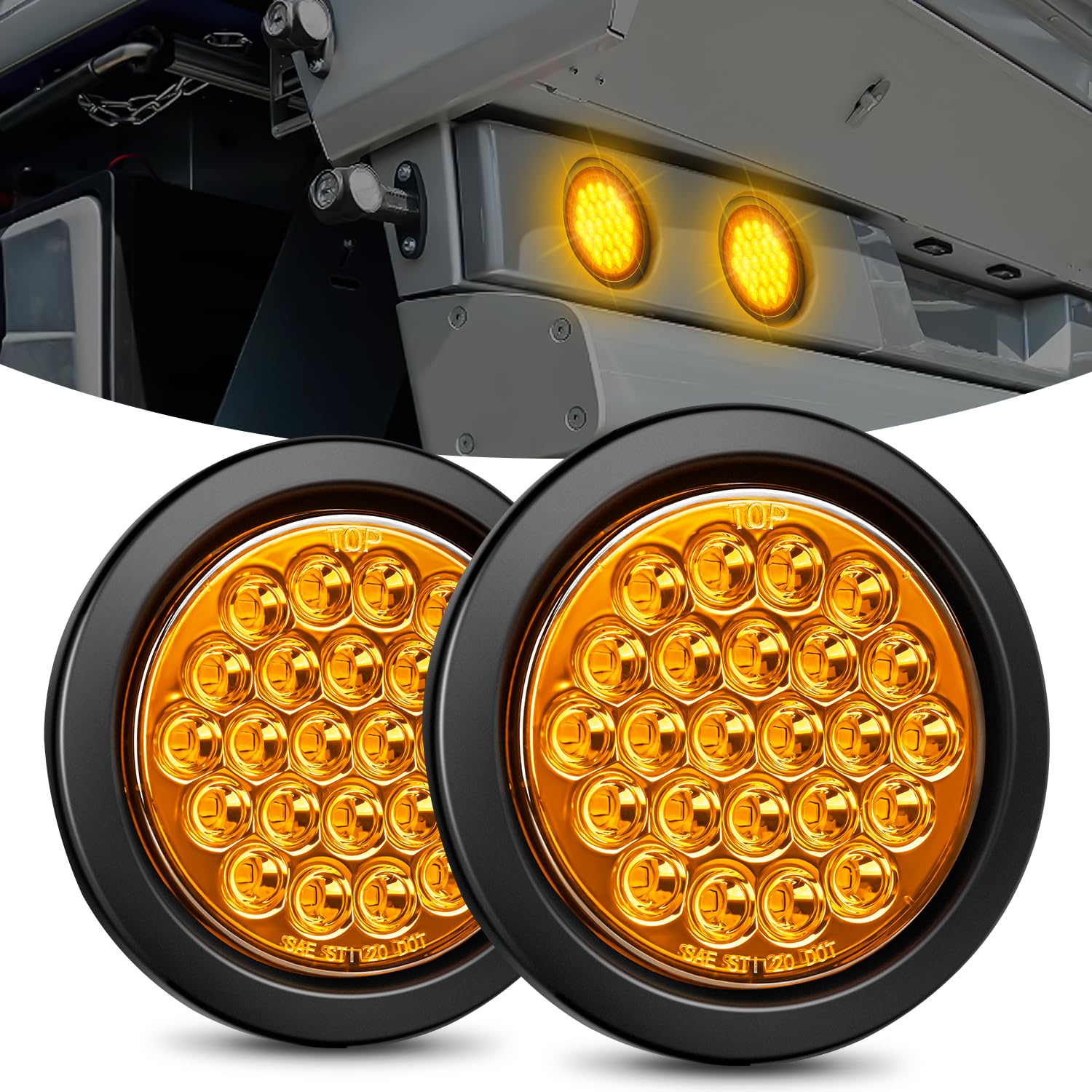 Nilight 4Inch Round Trailer Tail Light 2Pcs 24Led Amber Turn Signals Light W/Flush Mount Grommets Plugs Ip67 Waterproof For 12V 