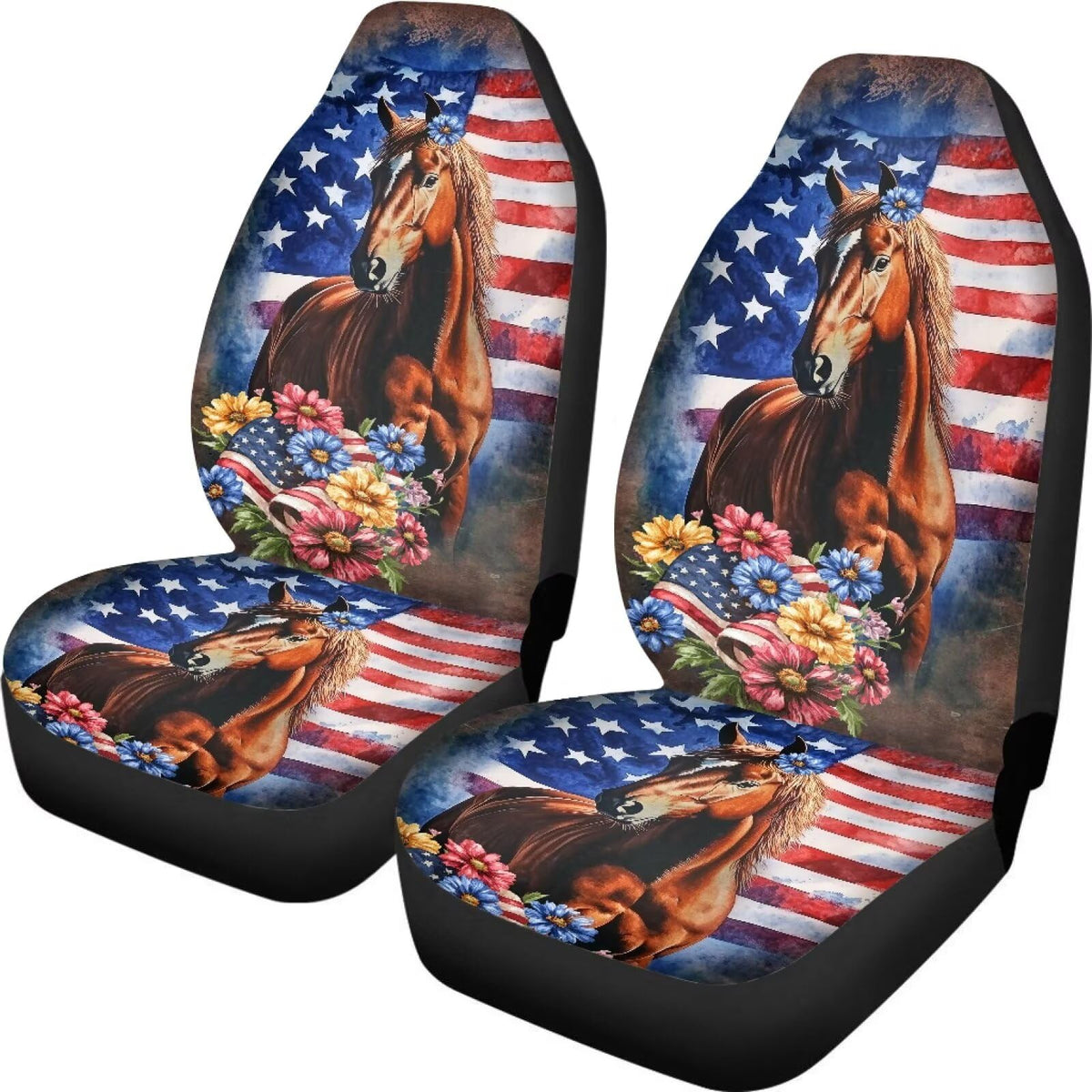 Talayituse Horse Daisy American Flag Print Car Seat Covers Full Set of 2 Vehicle Protector Front Seats Covers Stretchy Washable 