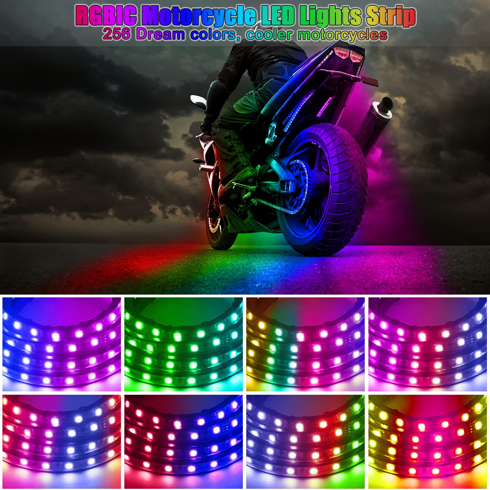 10Pcs Motorcycle LED Underglow Kit, RGB LED Strips Waterproof Motorcycle Lights, Motorcycle Lights Underglow Kit with APP Contro