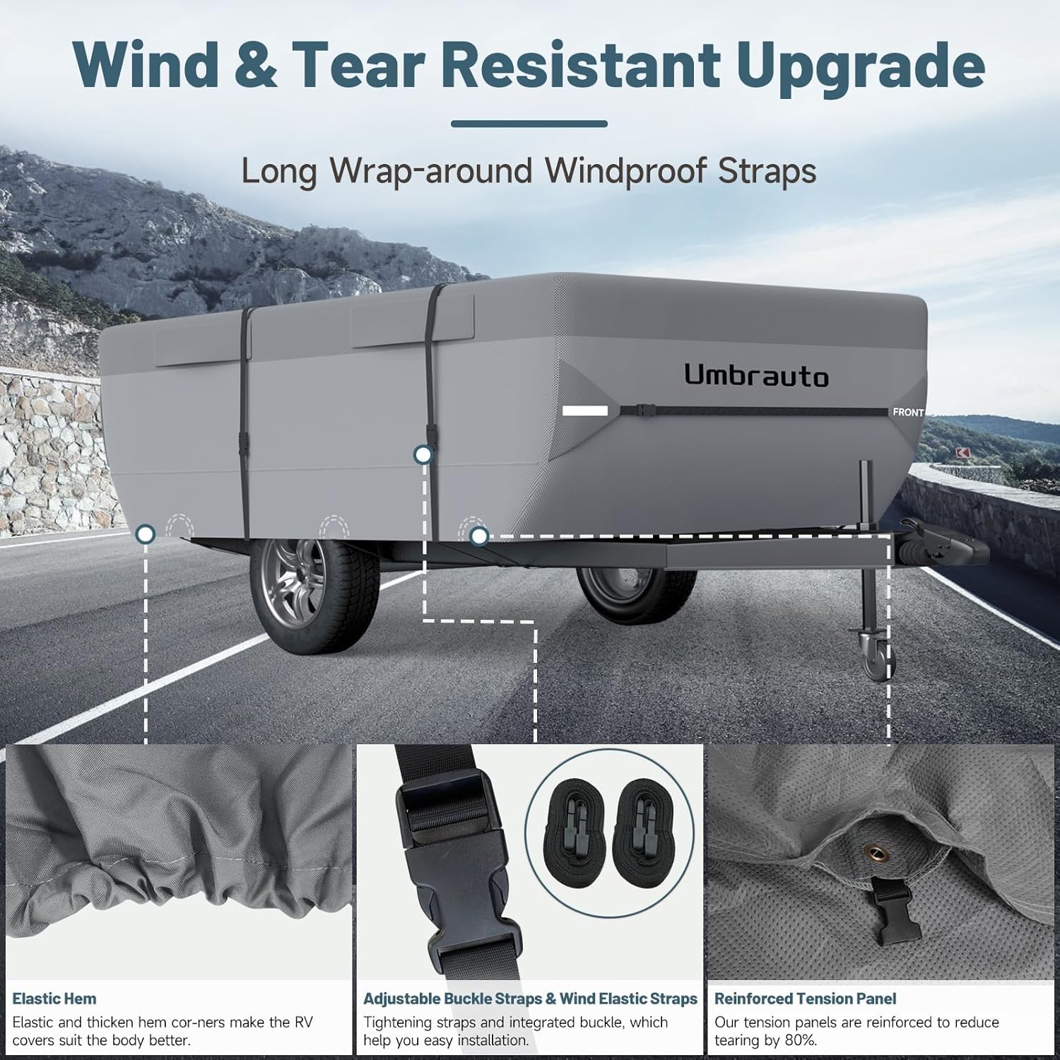 Umbrauto Pop Up Camper Cover Fits 18-20Ft, 7 Layers Top Tent Trailer Cover Waterproof Extra Thick Polypropylene Breathable Ripst