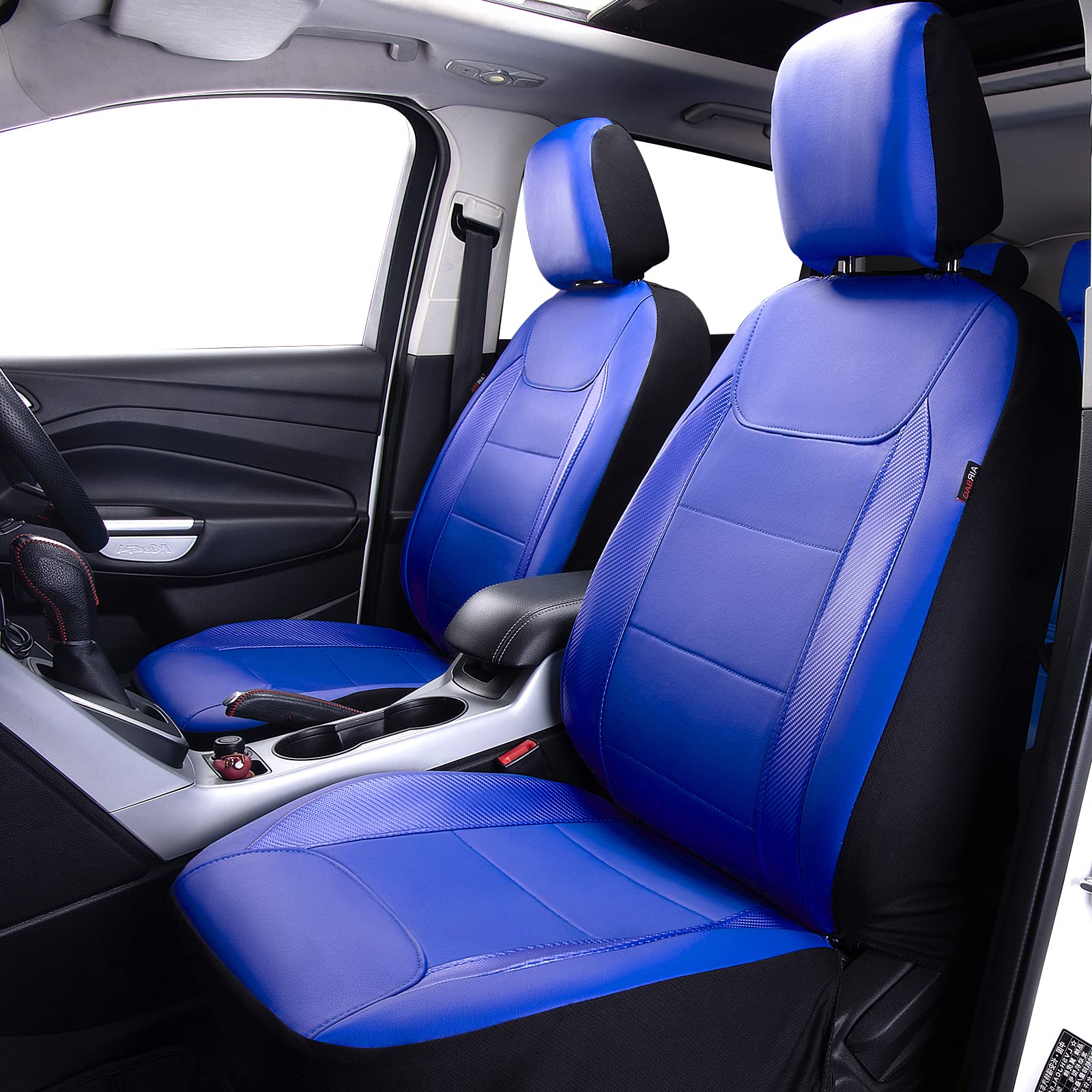 Flying Banner Car Seat Covers Protects Water Proof Faux Leather Carbon Fiber Fronts Rear Bench Covers (Blue Blue, Full Set - 8Pc