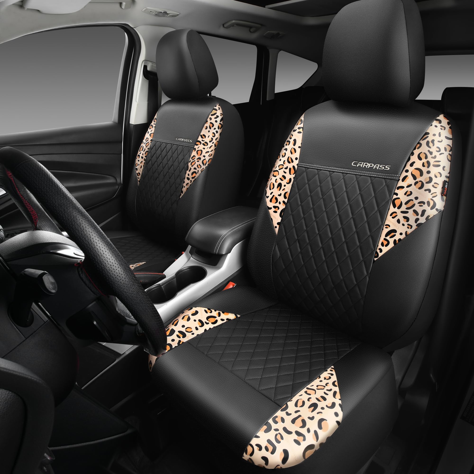 Car Pass Leather Leopard Two Front Seat Cover Only, Universal Quilting Waterproof Deluxe Pu Premium Vinyl Luxury Car Seat Cover