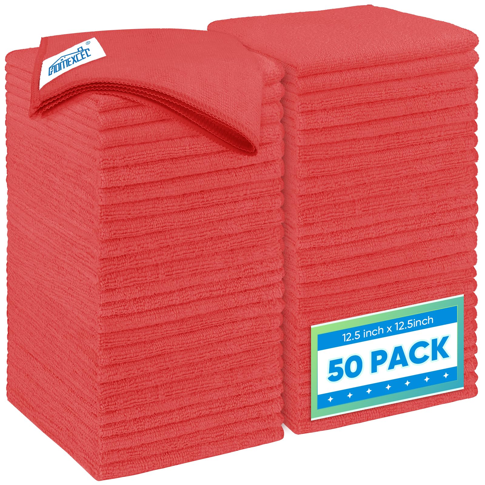 Homexcel Red Microfiber Cleaning Cloth 50 Pack, 12.5 X 12.5 Inch Microfiber Towels For Cars, Ultra Absorbent Car Washing Cloth,