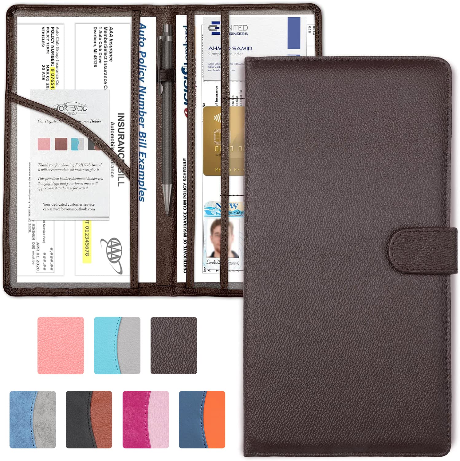 Foryou Car Registration And Insurance Holder With Magnetic Closure, Auto Truck Document Vehicle Glove Box Paperwork Organizer Wallet For Accessories Case, License, Card (Black Brown)