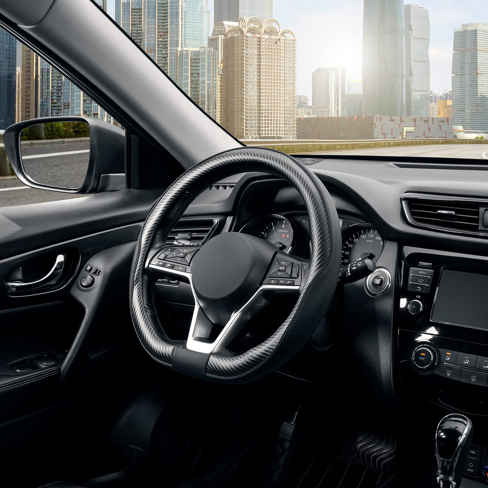 Seg Direct Flat Bottom Steering Wheel Cover Carbon Fiber, D Shaped Car Wheel Cover 14 1/2-15 In. (37-39 Cm), Black Microfiber Le