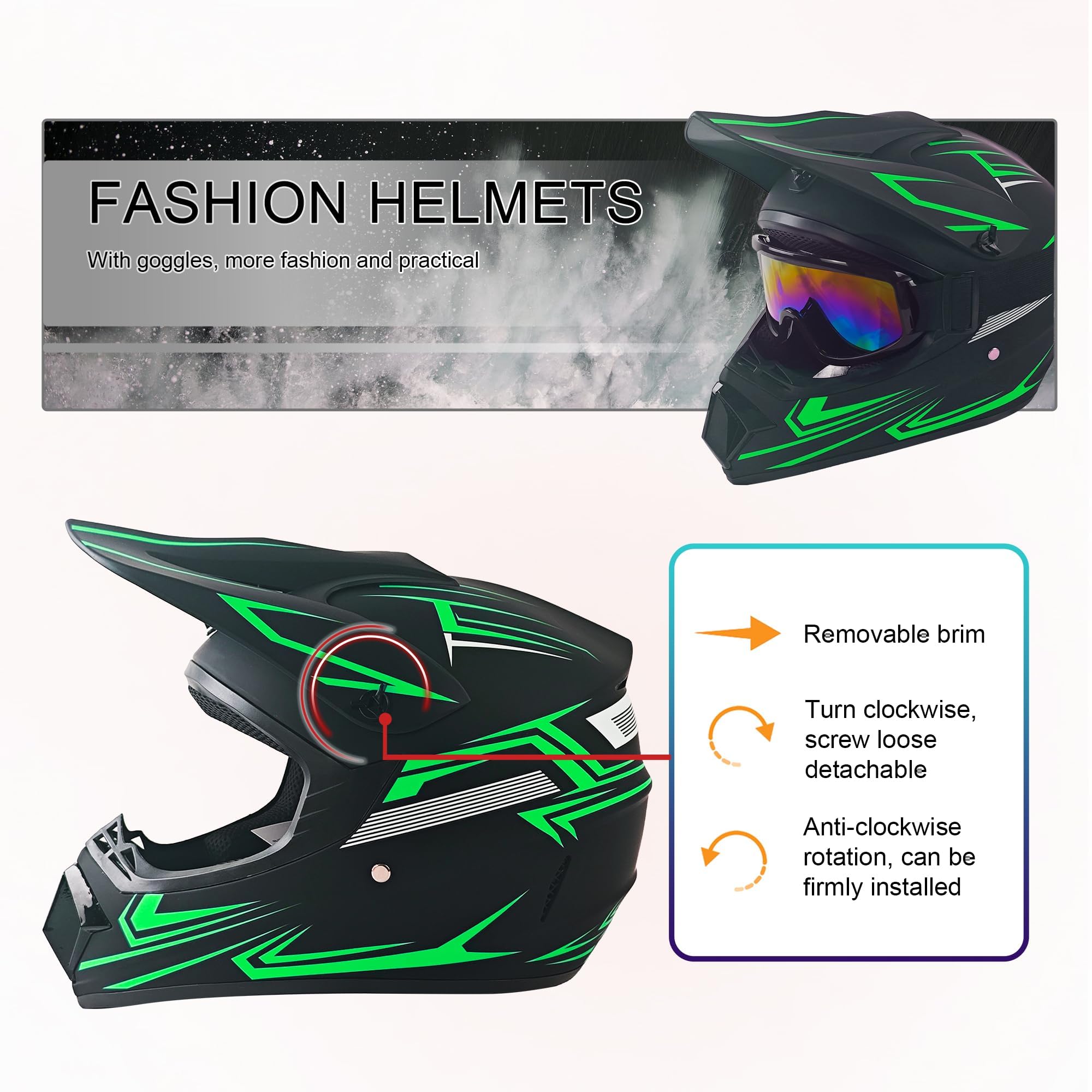 TIANDU Youth Kids Dirt Bike Motocross Helmets (Goggles Gloves Face Mask) 4PCS Set, Boys Girls Full Face Motorcycle Helmet, Mount