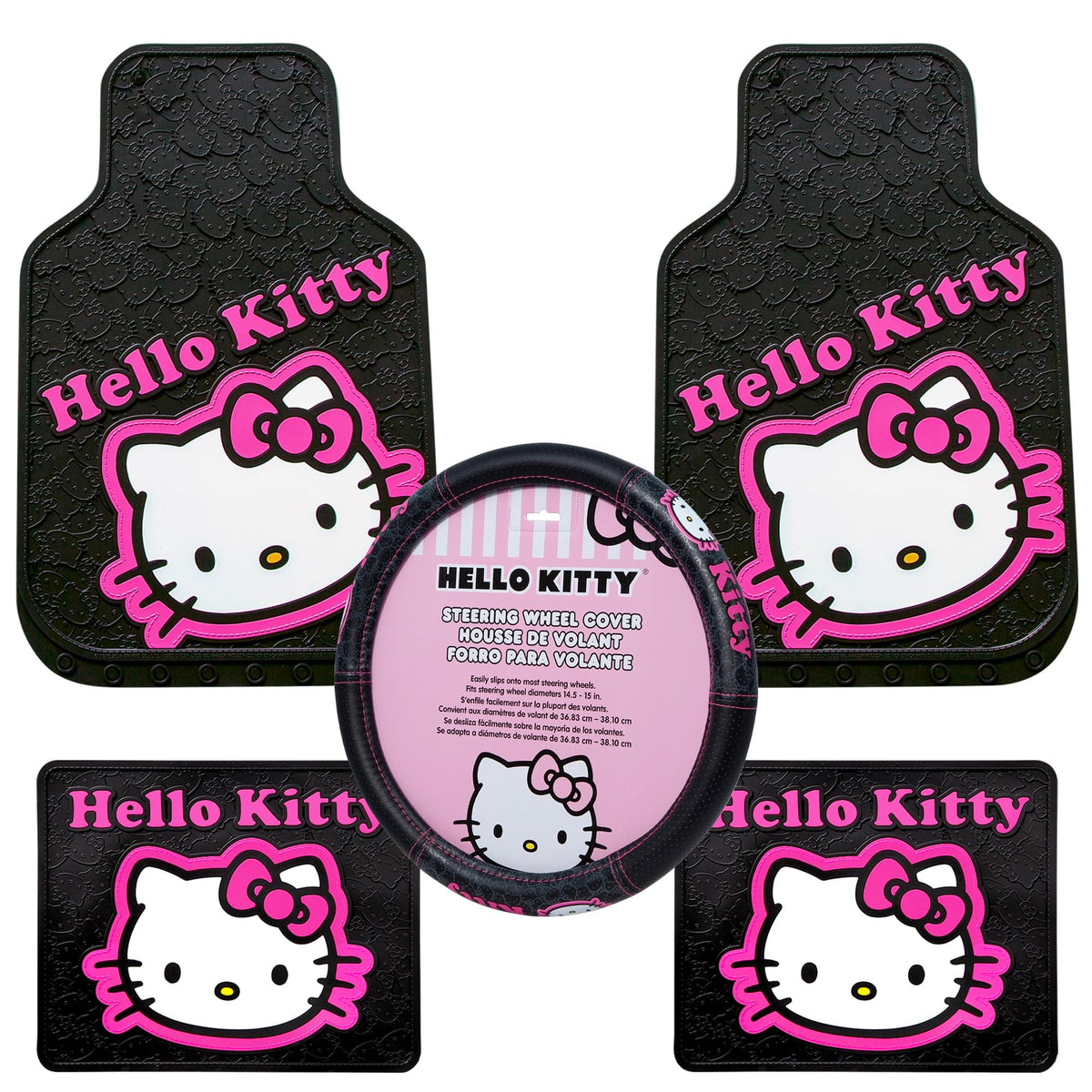 LA Auto Gear Hello Kitty Collage Hot Pink Sanrio Front & Rear Car Truck SUV Seat Rubber Floor Mats and Steering Wheel Cover Set 