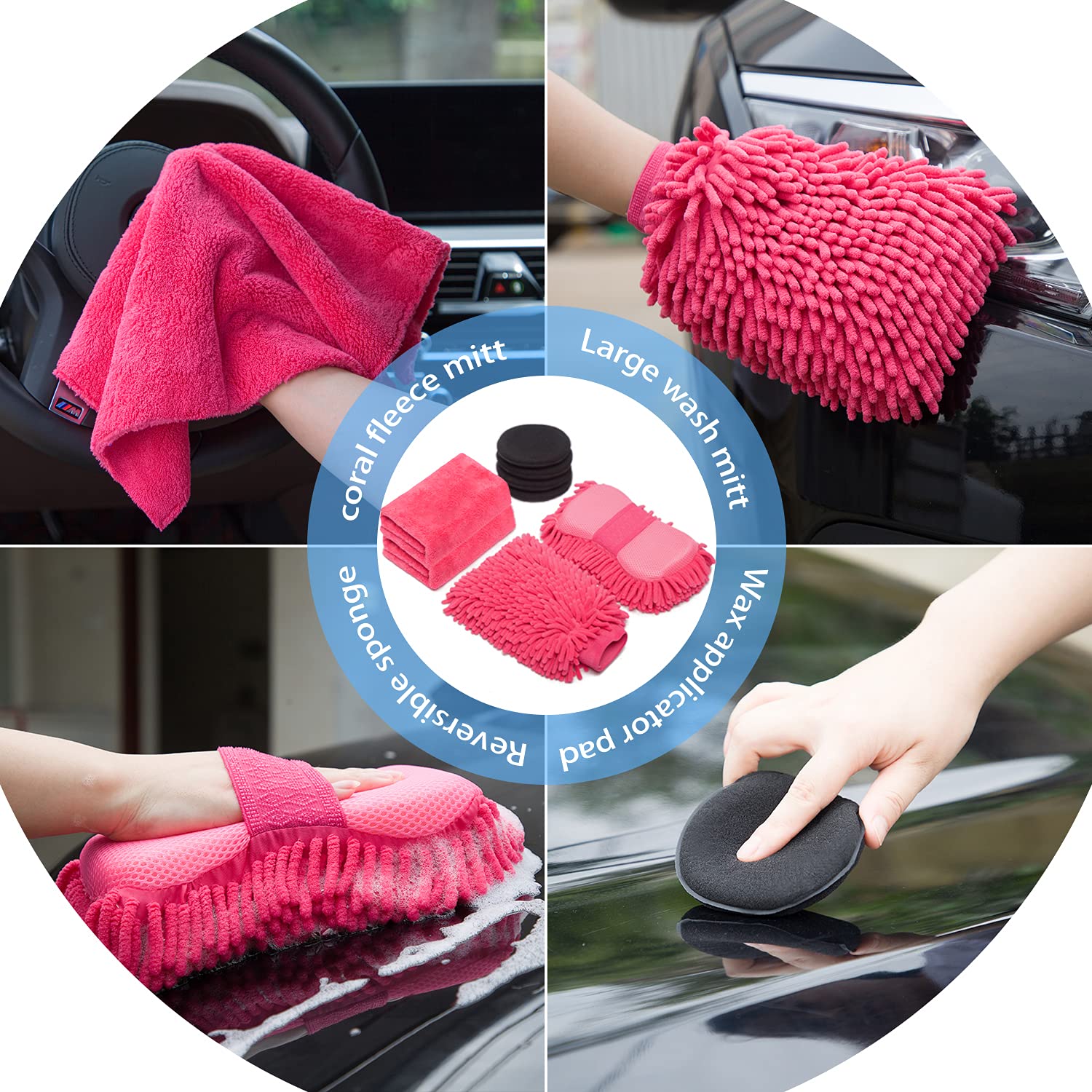 Autodeco 22Pcs Car Wash Cleaning Tools Kit Car Detailing Set With Canvas Bag Pink Collapsible Bucket Wash Mitt Sponge Towels Tir