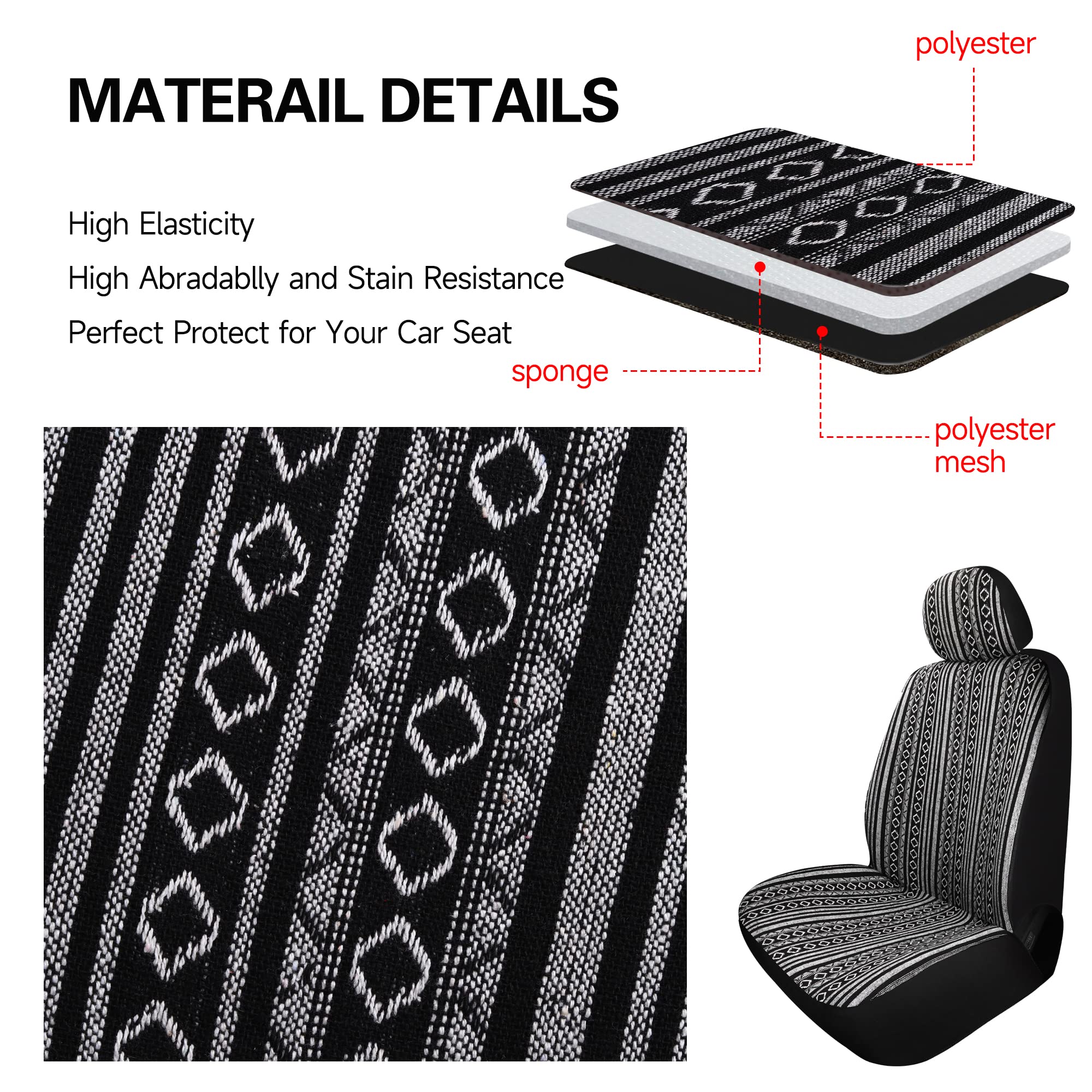 Haiyaotimes Baja Saddle Blanket Car Seat Covers Front Set With Seat Belt Pads, Washable Breathable Seat Covers For Cars, Universal Fit Interior Covers For Most Cars, Airbag Compatible, Black/White