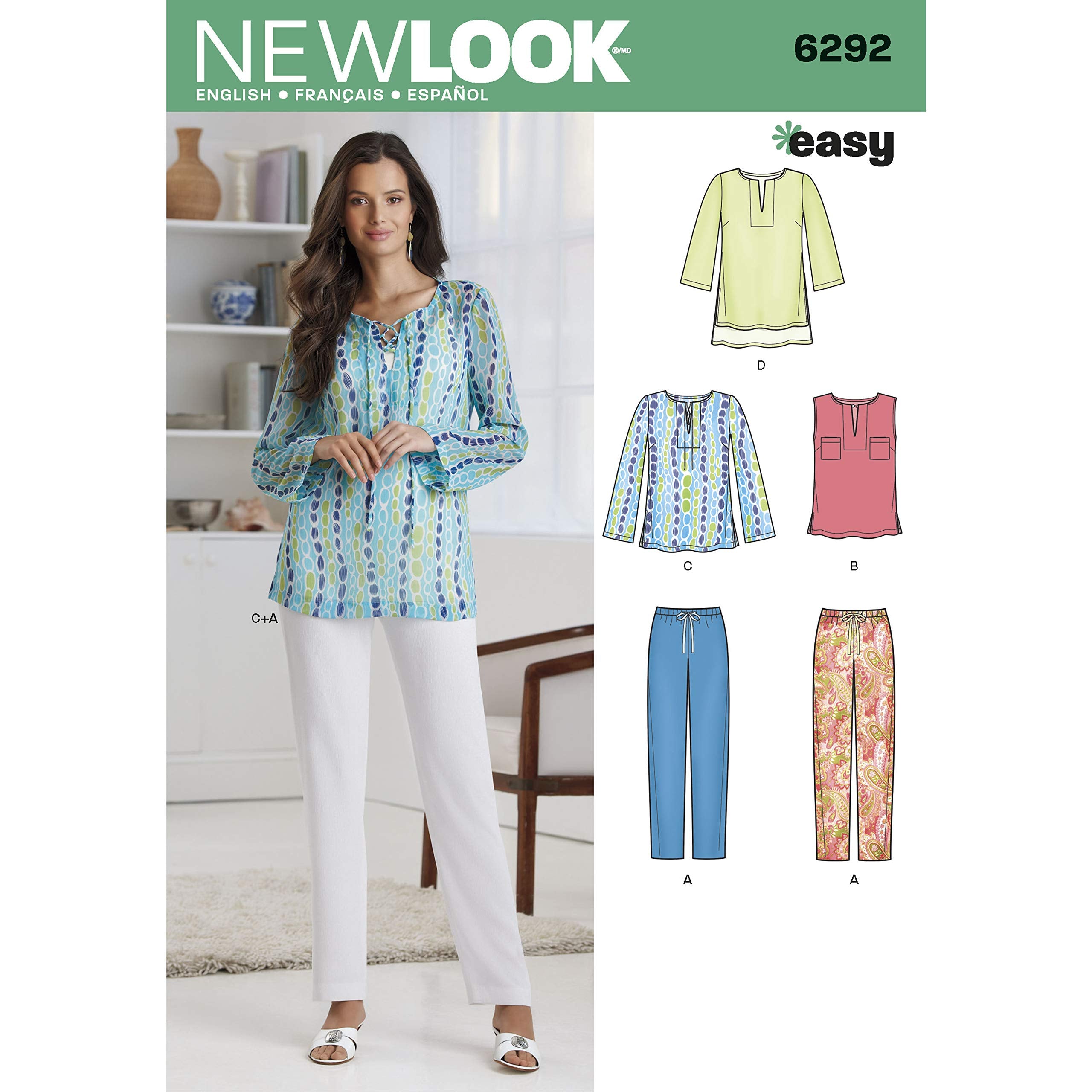 New Look Sewing Pattern 6292: Misses' Tunic Or Top And Pull-On Pants, Paper, White, Size: A (10-12-14-16-18-20-22)