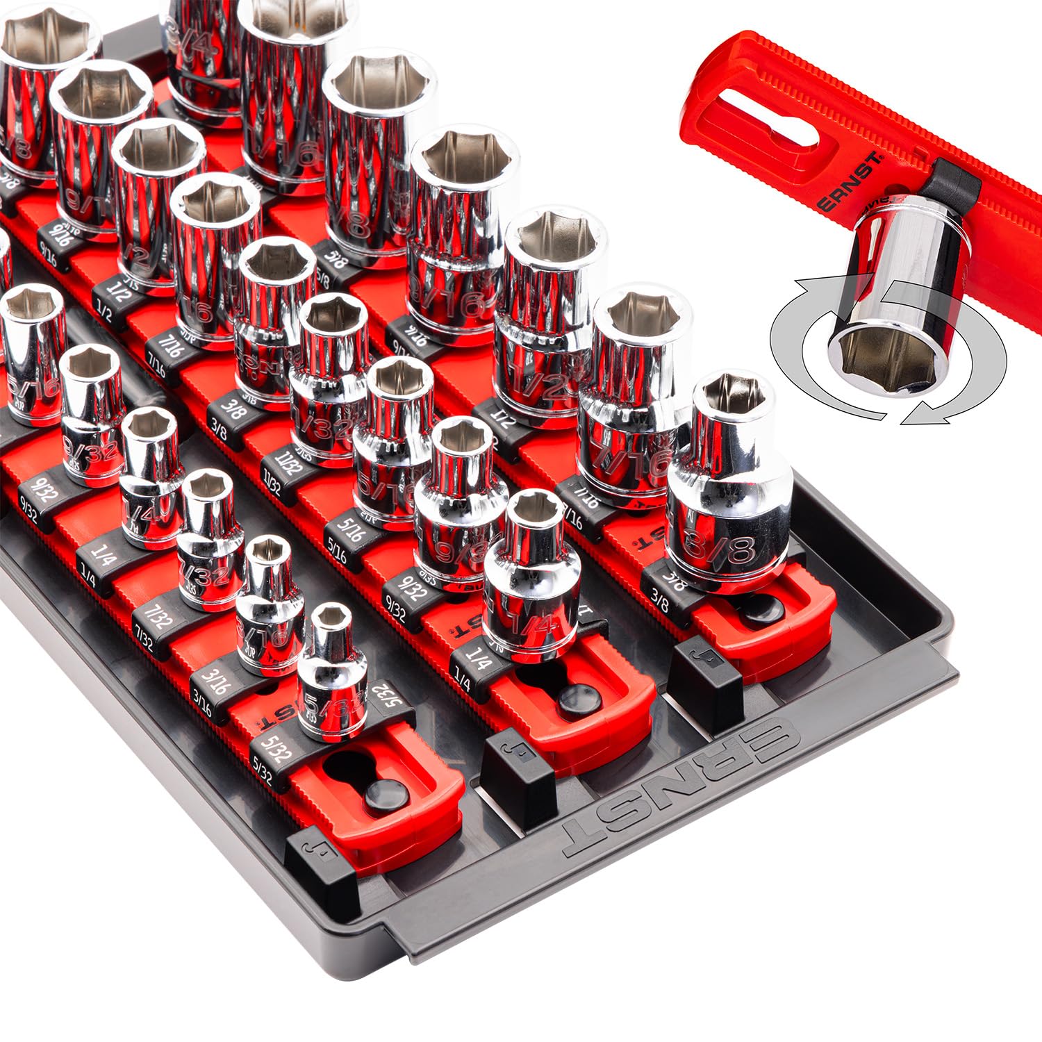 Ernst Manufacturing 8-Inch Socket Boss, 3-Rail Socket Tray, Red - 1/4, 3/8, 1/2 Drive Twist-Lock Organizer, Made in the USA