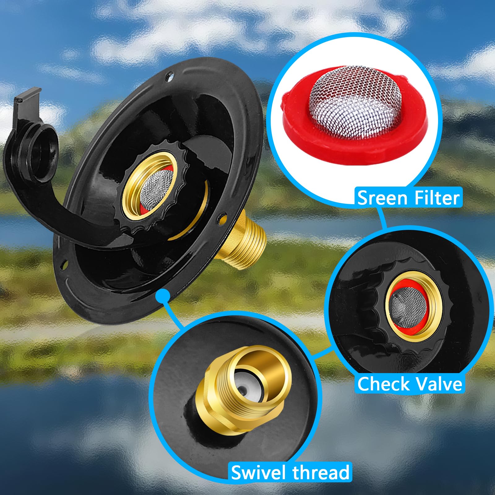 Boltigen Rv City Water Inlet With Check Valve, 3/4 Nh Female To 1/2 Npt Male Thread Rv Water Connection Fittings, Lead-Free Bras