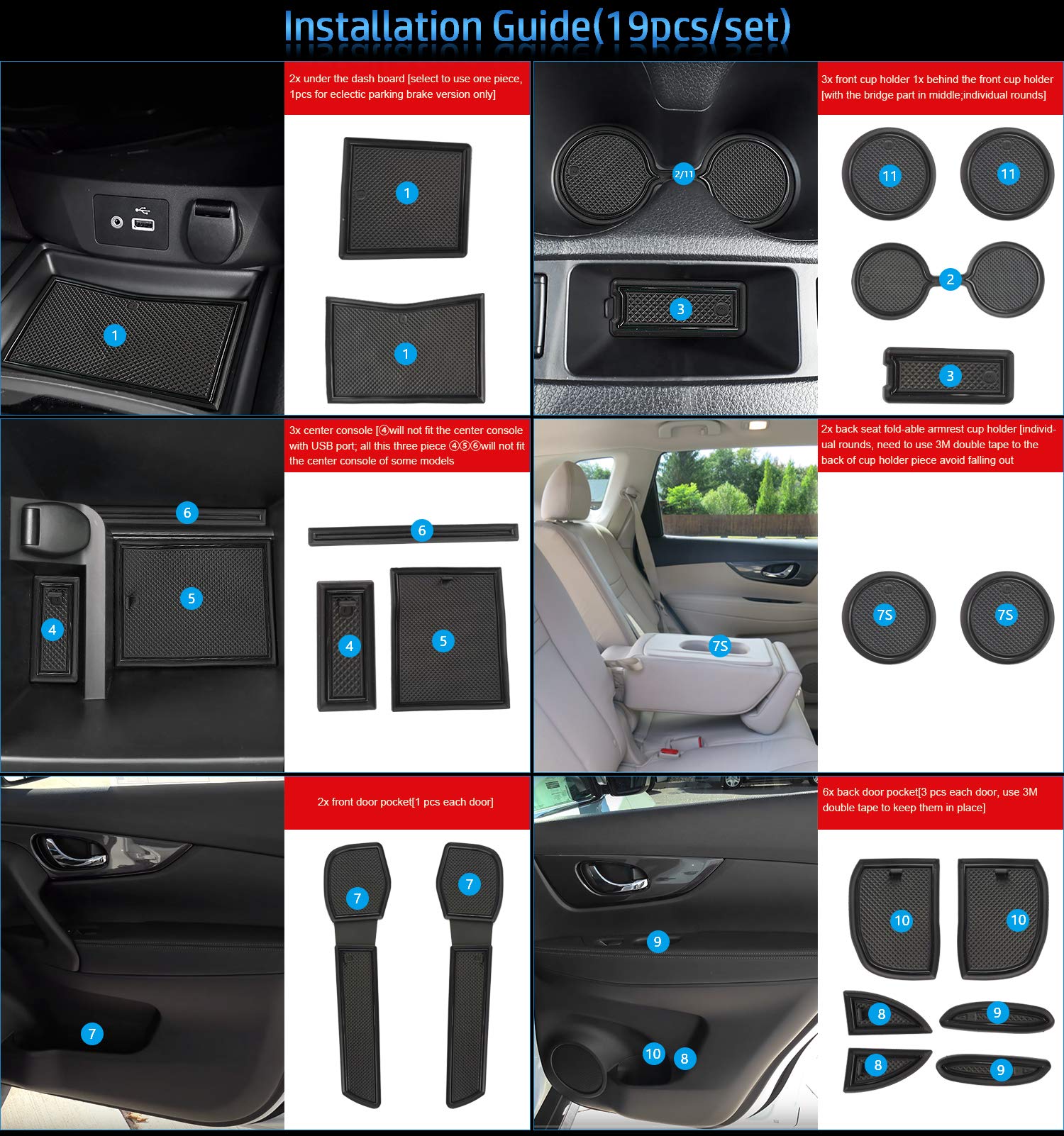 Auovo Black Anti Dust Mats Set for Rogue Accessories 2014-2020 - Custom Fit Door Compartment Liners & Cup Holder Inserts (19pcs)