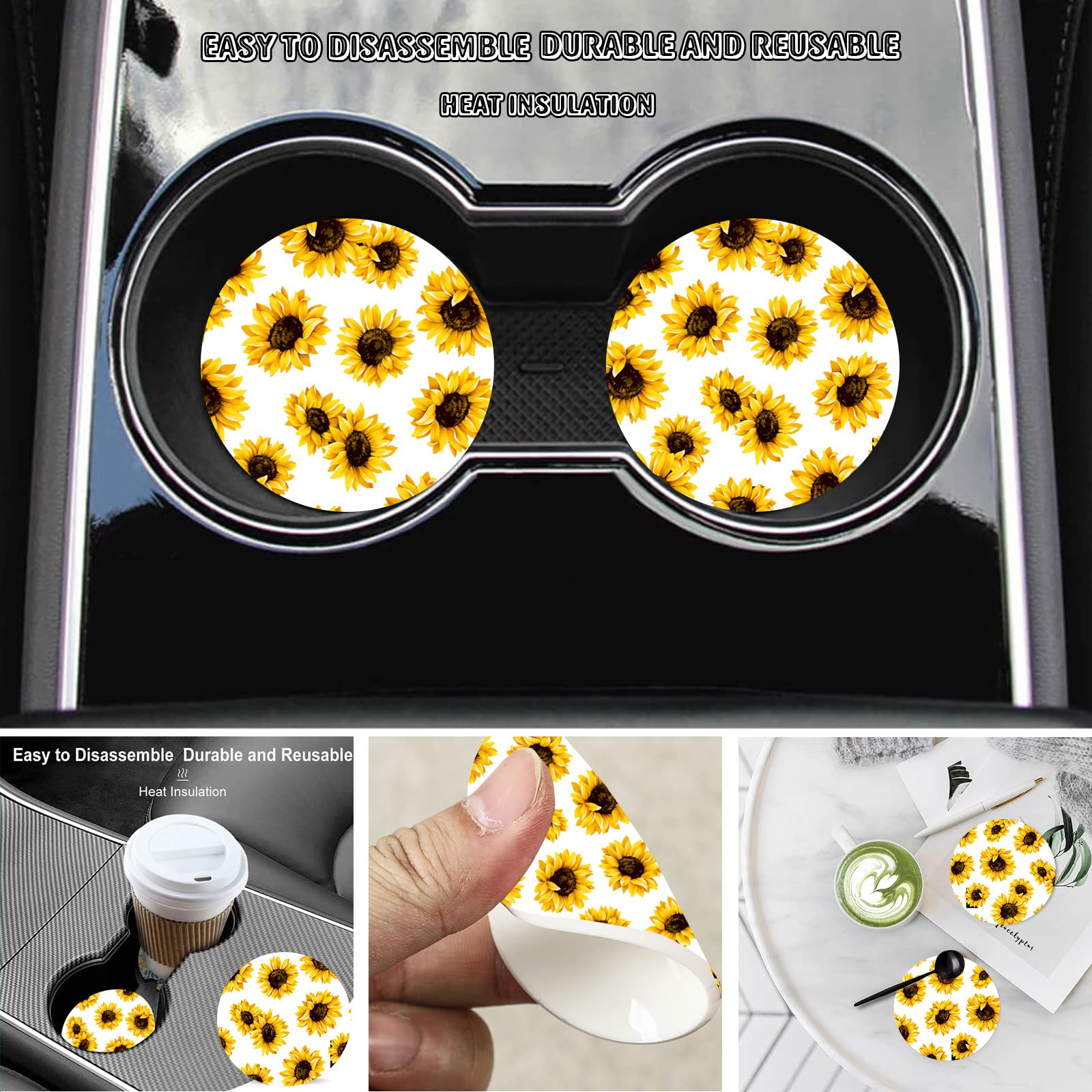 Yellow Sunflower Flower Steering Wheel Cover for Women Men with 2 Pcs Car Coasters, Universal 14.5-15 Inch Rainbow Steering Whee