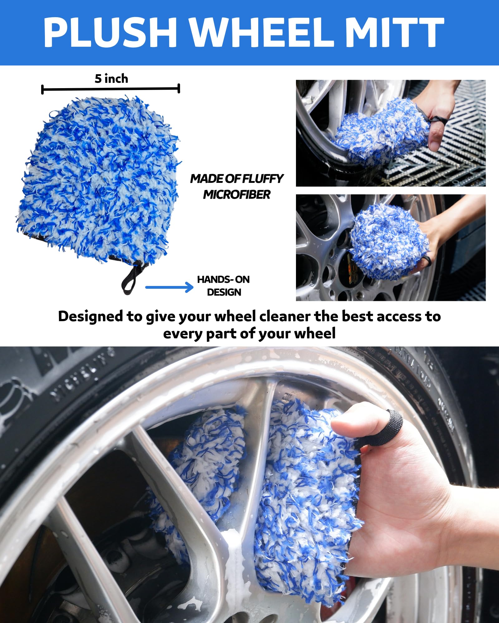 oesee Car Wheel Cleaning Kit: Wheel and Rim Flagged Tip Brush, Bendable Barrel Brush, Wheelie Mitt, Scratch-Free Detail Brush fo