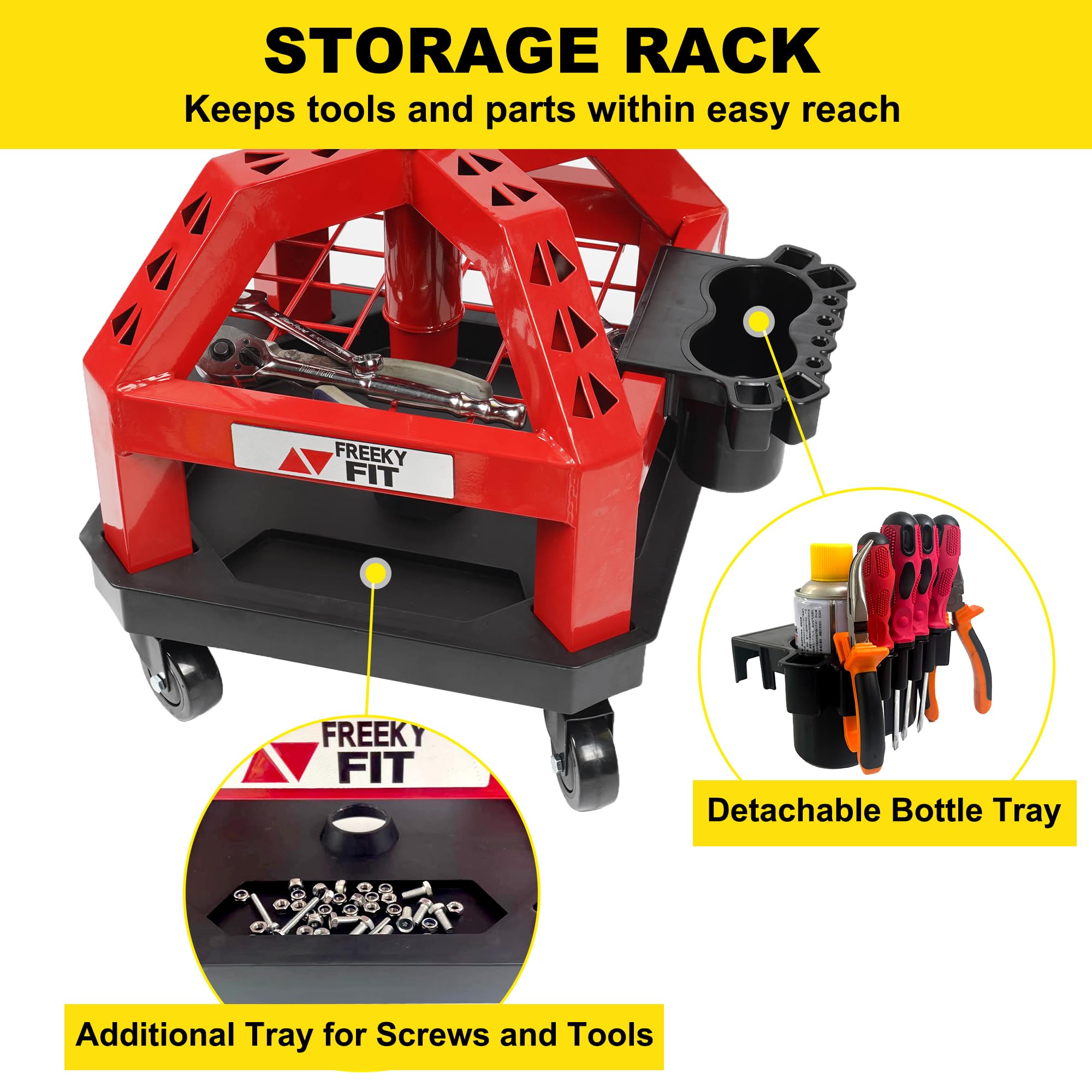 FreekyFit Rolling Shop Stool for Garage with Casters, DO02-Adjustable Height 360 Swivel Shop Seat with Tool Tray Storage, 330 LB