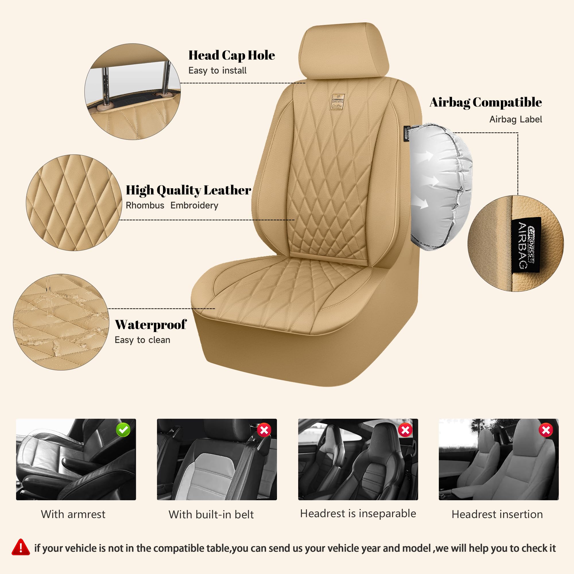 Car Pass Piping Luxury Leather Seat Covers Full Set,5 Seats Leatherette Anti-Slip Waterproof Seat Covers Compatible With Front A