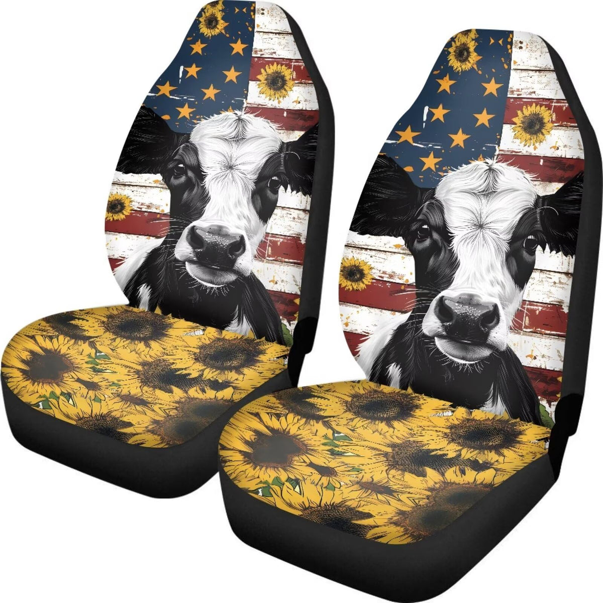 Buybai American Flag Cow Car Covers Set Thick Automotive Seat Covers Bucket Seat For Women Car Inner Protector Accessories Of 2