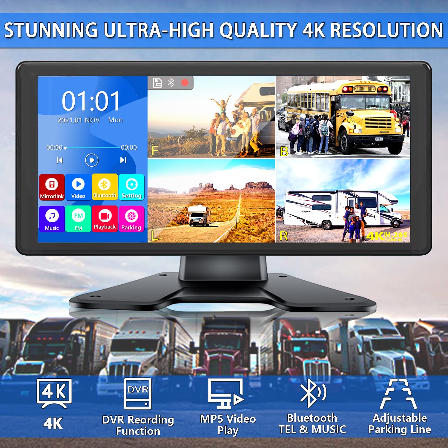 Rv Backup Camera System With 10.36 4K Monitor For Rv Truck Bus Trailer With 4 Rear/Side View 1080P Hd Cameras 4 Splits Touch Scr