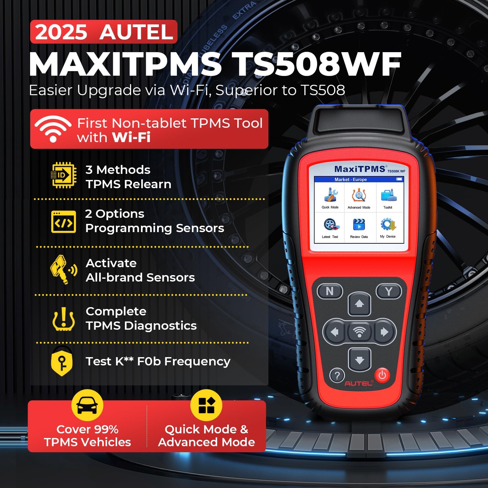 Autel MaxiTPMS TS508WF TPMS Programming Tool, 2025 WiFi Ver. of TS508 TS501 Pro TS408S, Program MX-Sensors (315/433 MHz), TPMS Reset/Relearn/Activate All Sensors, TPMS Scan Tool Read/Clear DTCs