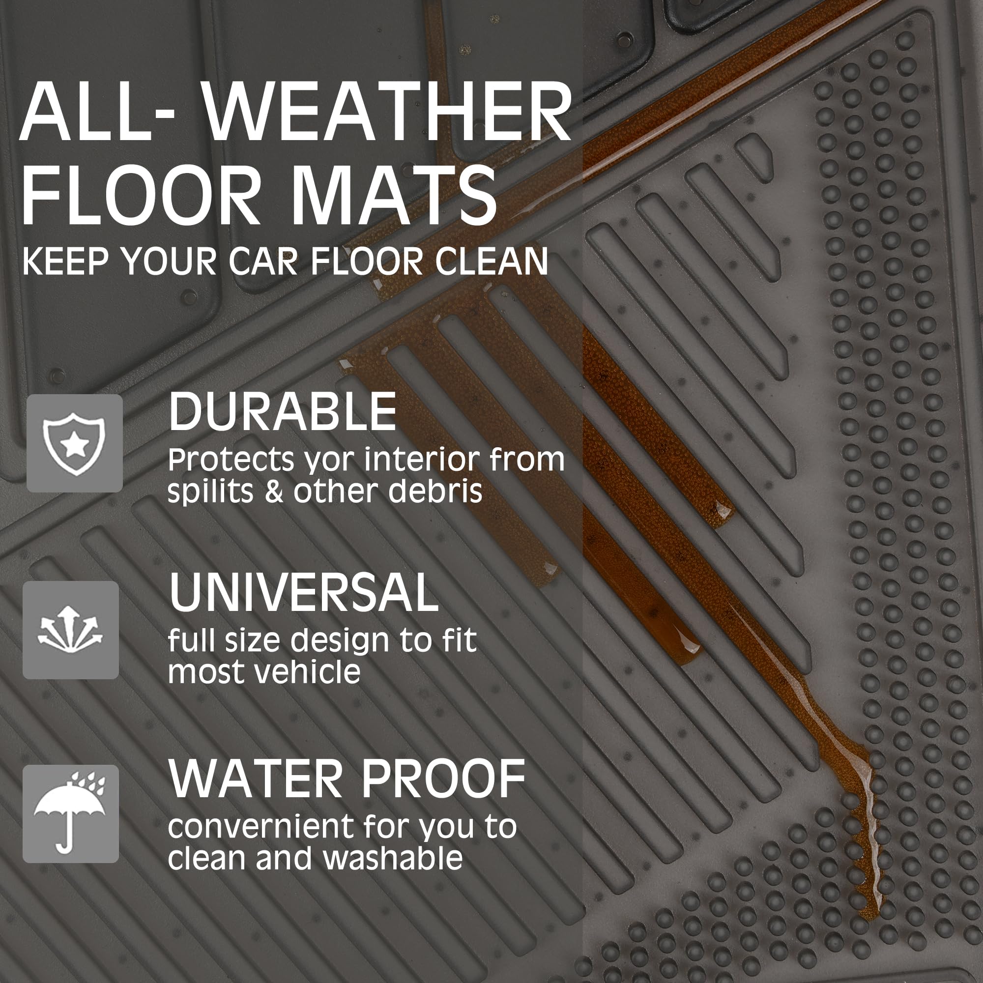 CAR PASS Heavy Duty Rubber Floor Mats Translucence Charcoal 4-Piece Car Mats Set - Universal Waterproof mats for SUV,Truck,Sedan