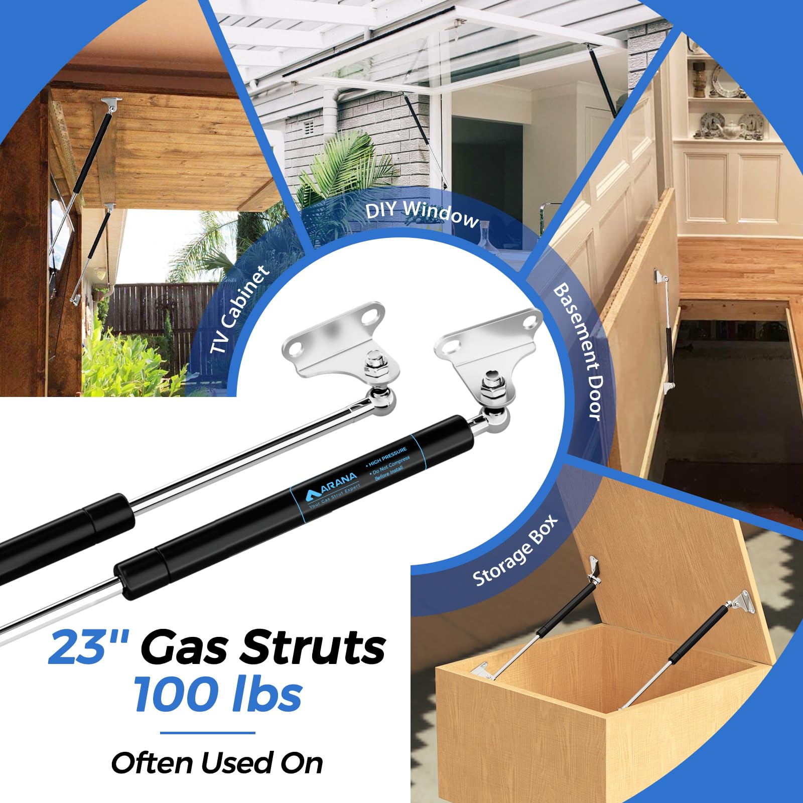 ARANA 23" Gas Prop Strut Shock - 100 lb Capacity, 2Pcs Set with L-Type Mounting Brackets for RV Bed, Murphy Bed & Custom Applications