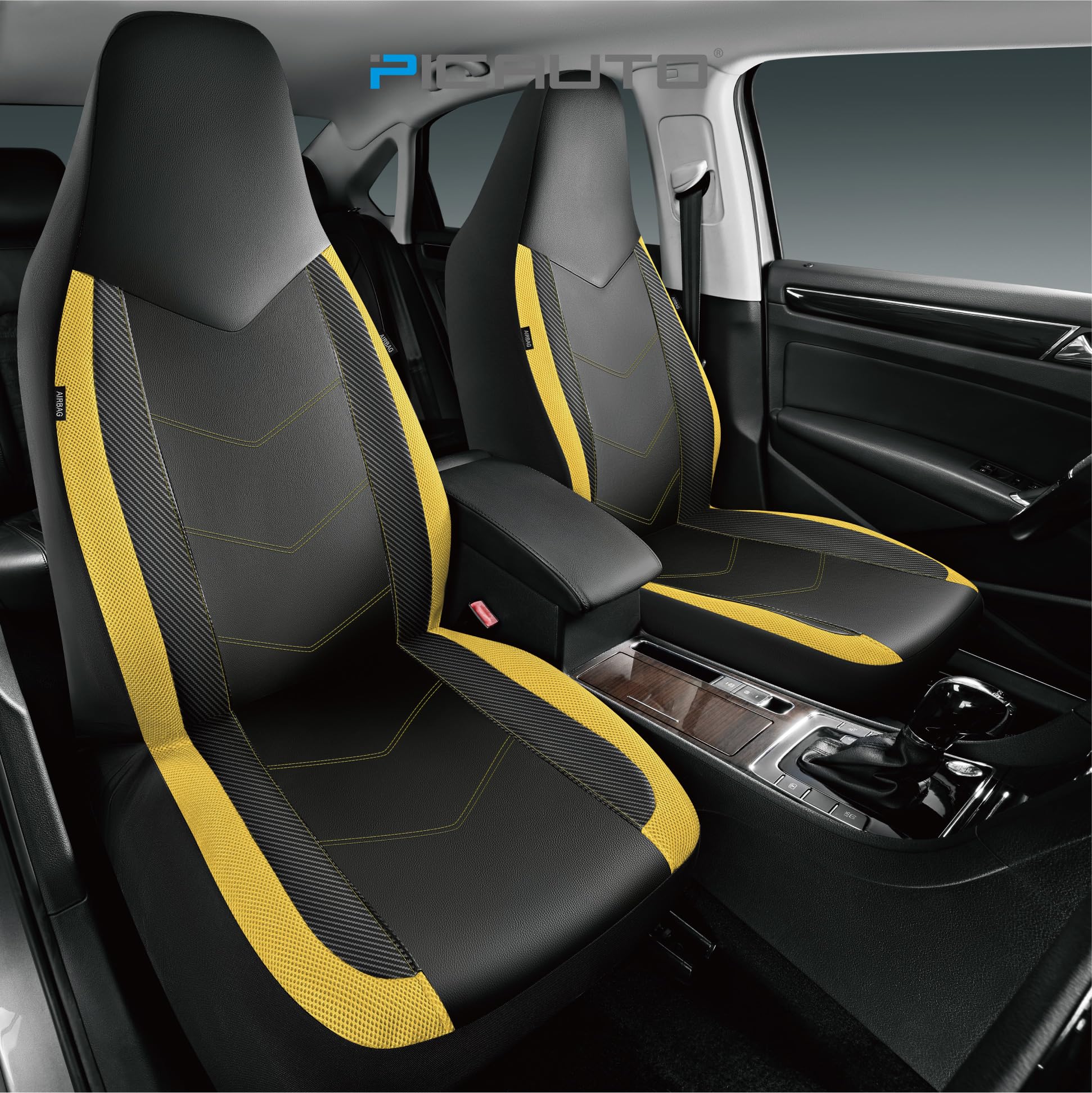 Pic Auto Leather Car Seat Covers, Sports Carbon Fiber & Mesh Design, High-Back Front & Rear Full Set, Waterproof Automotive Seat