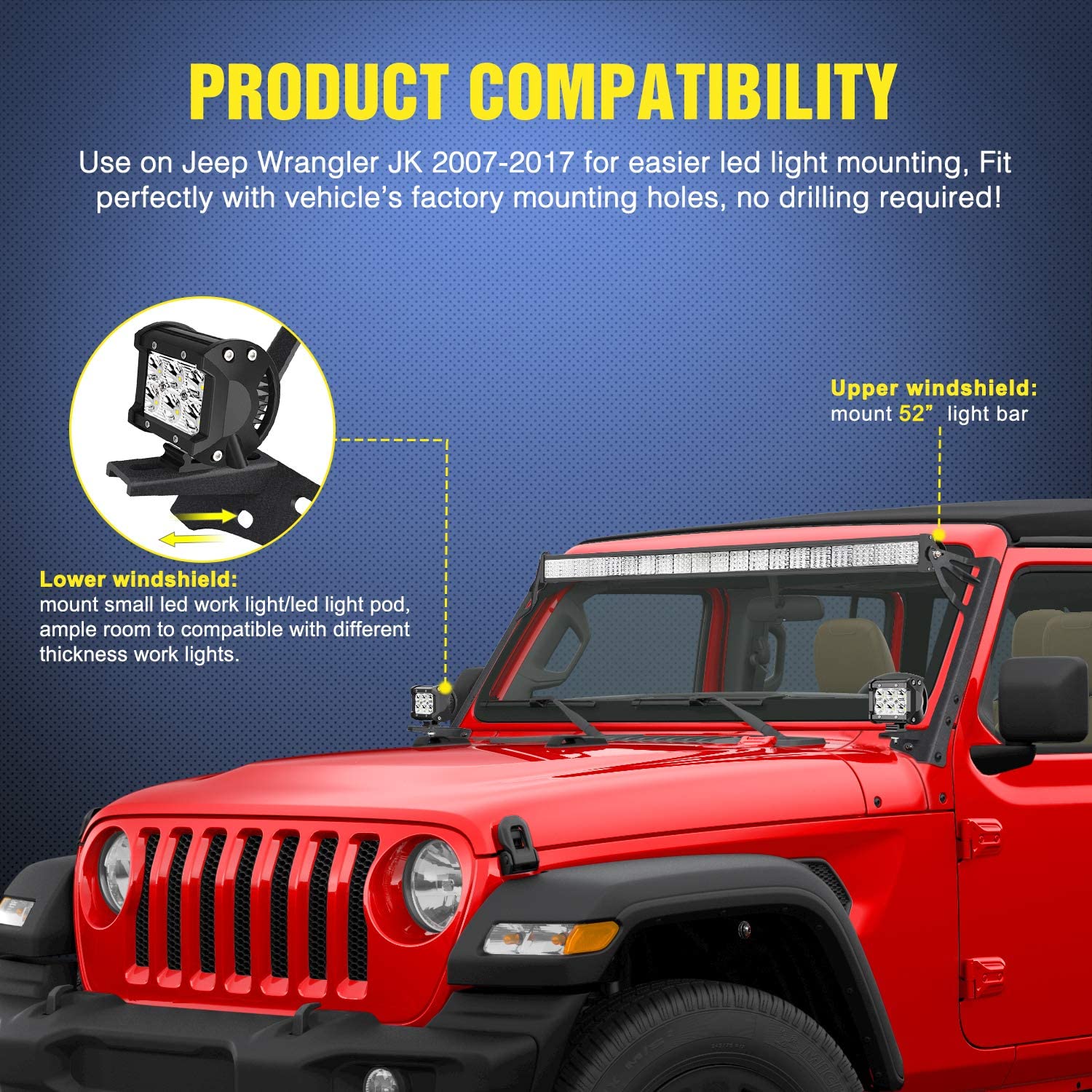 Nilight Upper Windshield Frame Mounting Bracket A-Pillar Mounts For 52 Inch Light Bar And Led Pod Lamp On Wrangler Jk 2007 2008