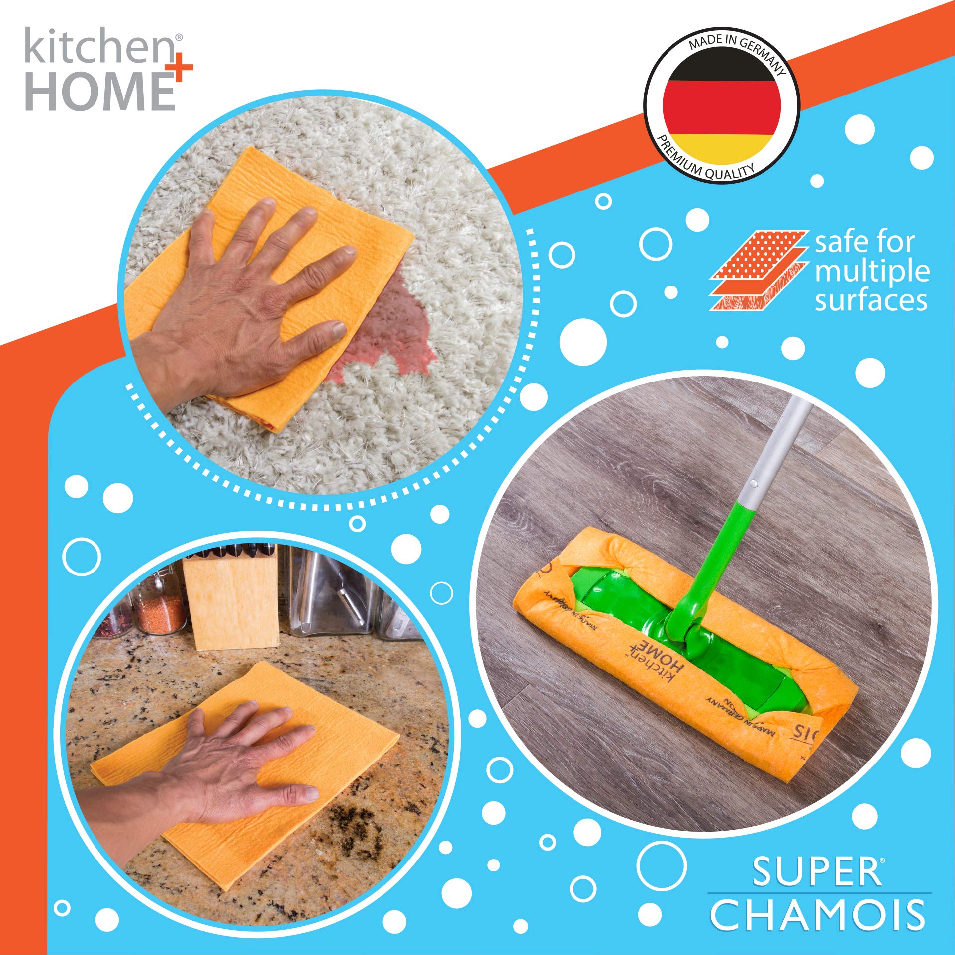 Kitchen Home Super Chamois Extra Large 20 x 27 Orange Cleaning Cloth - 6 Pack, Super Absorbent, Holds 10x Its Weight in Liquid