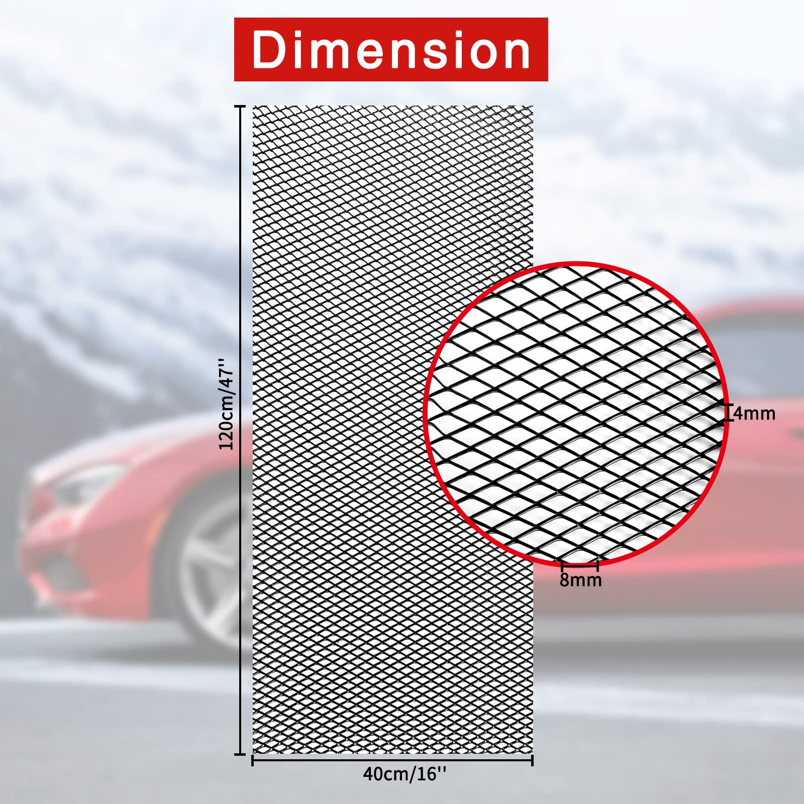 AICARS 47''  16 Car Grill Mesh Metal Mesh 120x40cm Expanded Metal Sheet Made of Black Painted Aluminum Alloy with 4x8mm Rhombic