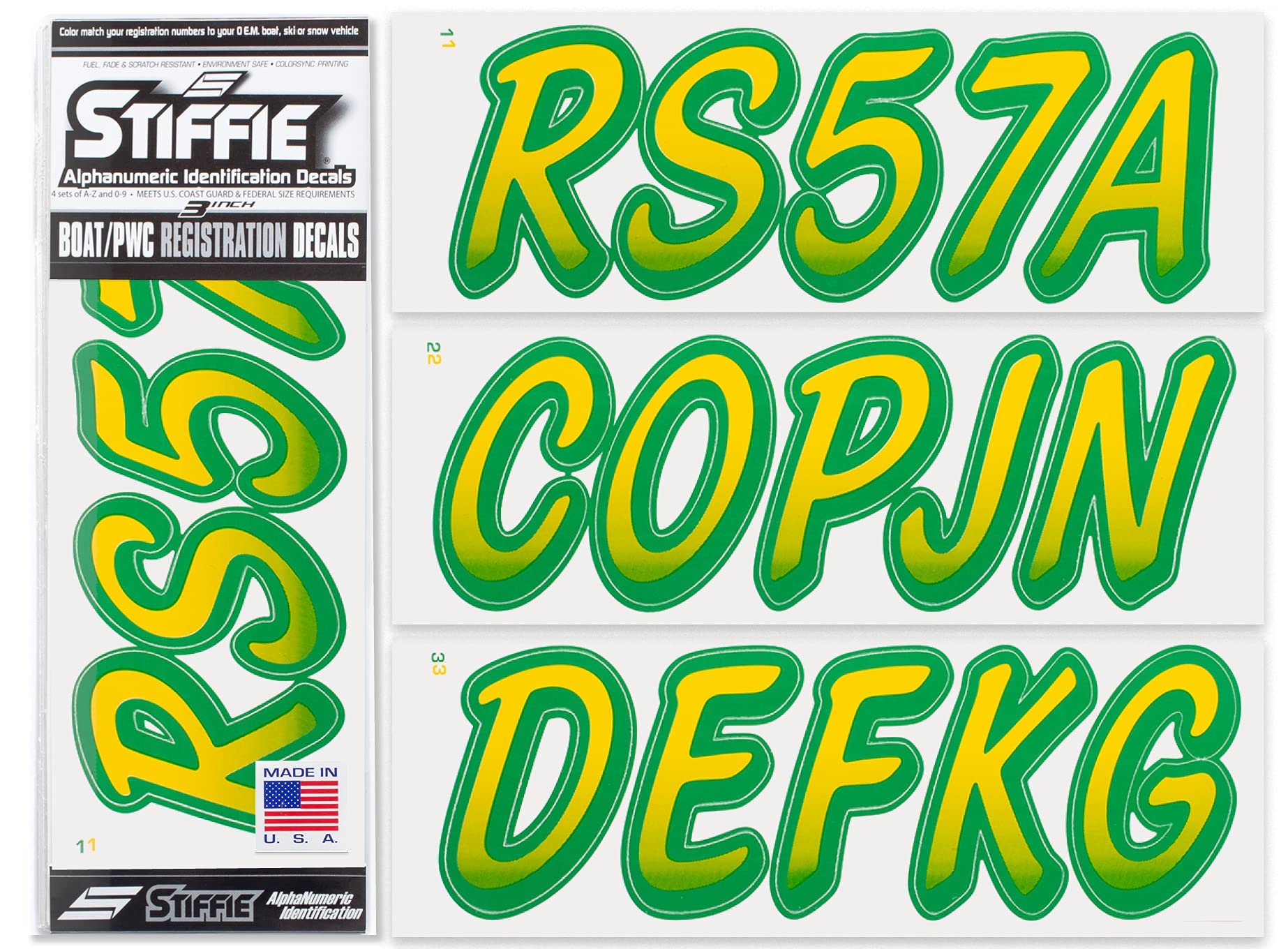 STIFFIE Whipline Yellow/Green 3'' Boat & PWC Registration Decals  Numbers Letters Stickers