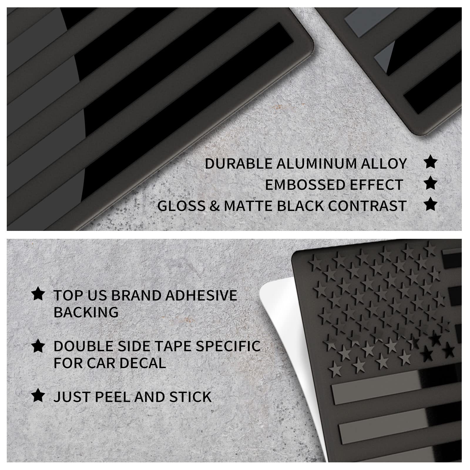 Embossed 3D Metal All Black American Flag Emblem Decal Stickers (3 Pack), Matte Black 5'' X 3'' Patriotic Usa Us Flag Car Decals