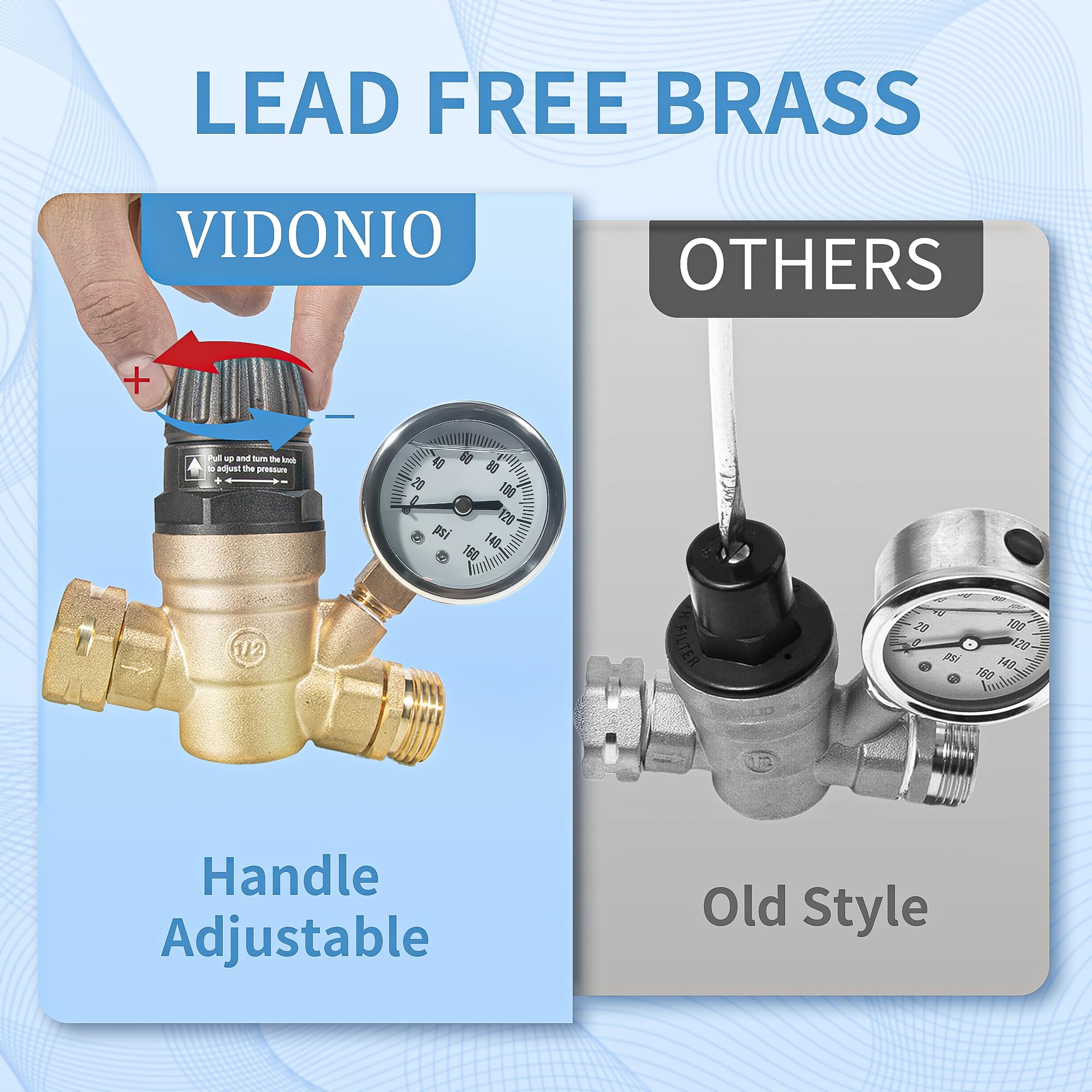 vidonio RV Water Pressure Regulator with Adjustable Handle, Lead-Free Brass Water Pressure Regulator for RV Camper with Pressure