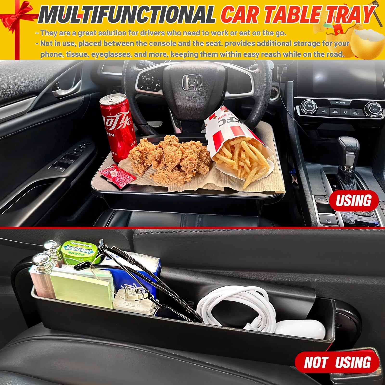 Qlhshop 3-in-1 Steering Wheel Desk - Steering Wheel Tray Table with Seat Gap Filler Organizer | Car Food Tray for Driver | Car D