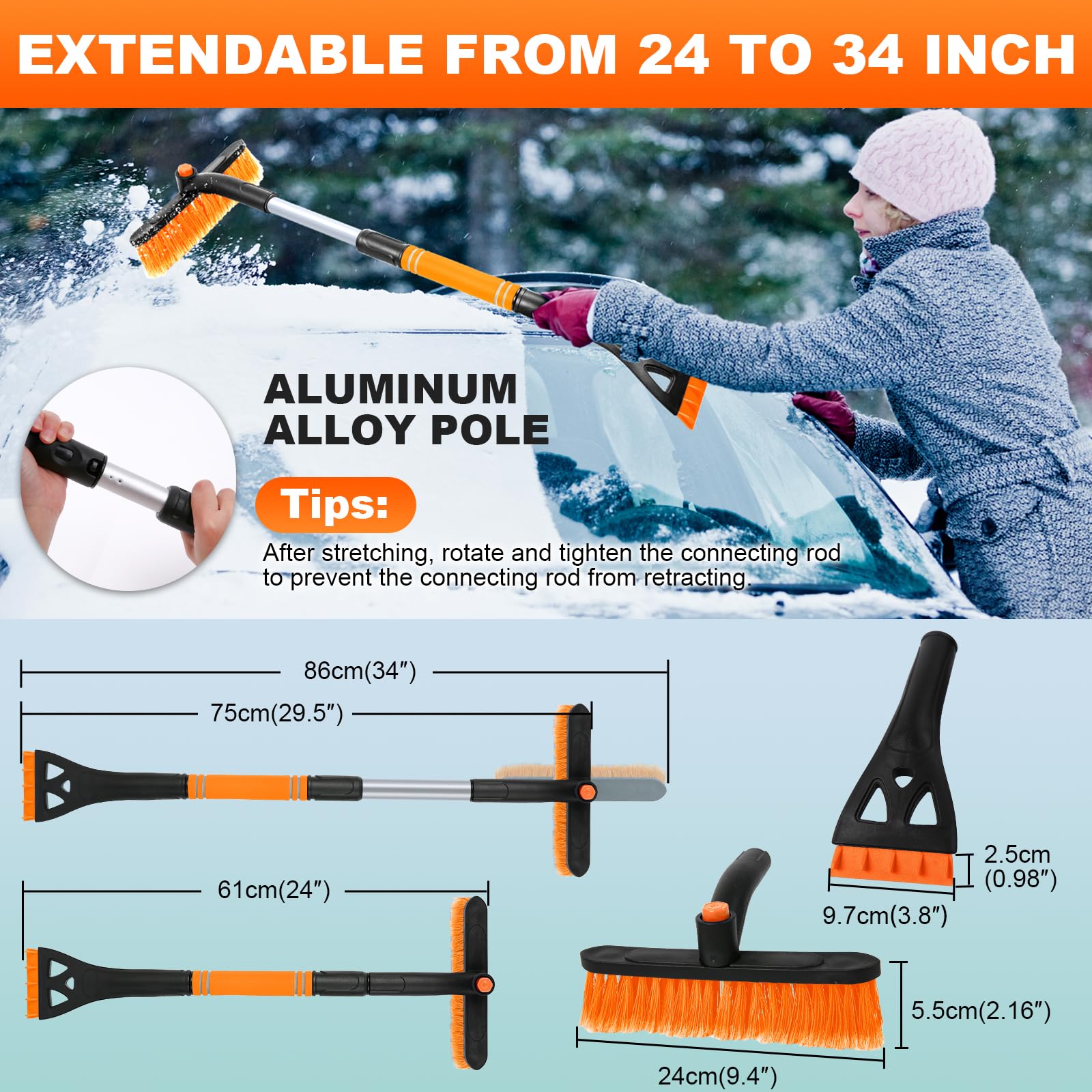 34'' Extendable Ice Scrapers For Car Windshield 2-In-1 Snow Brush For Car Snow Scraper For Car Snow Scraper And Drush With Ergon