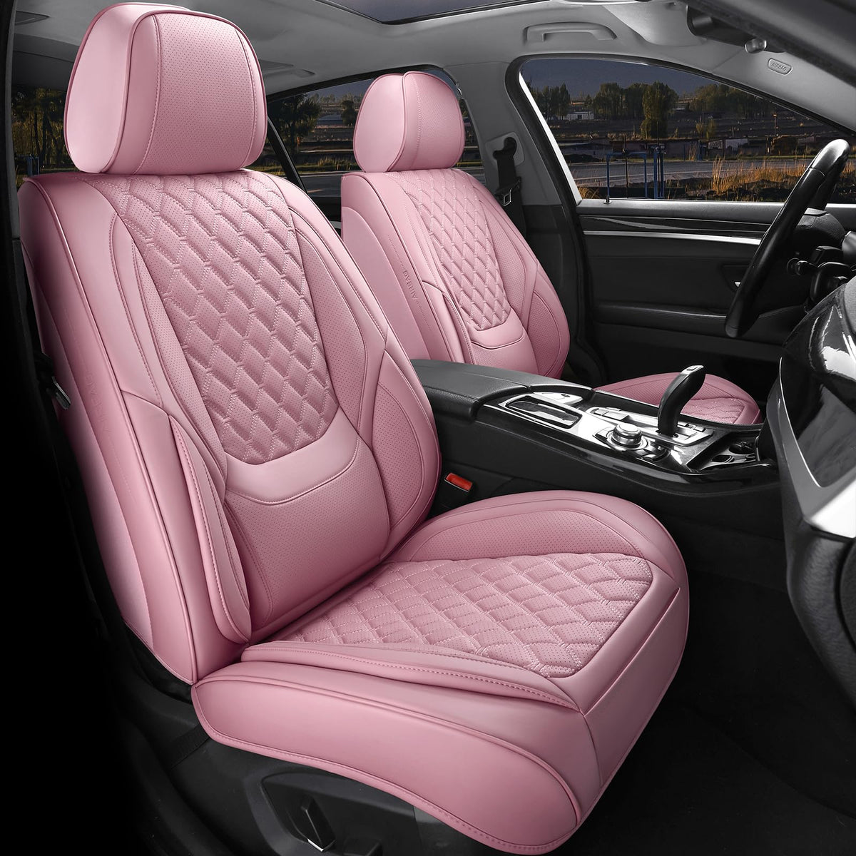 Sxikin Car Seat Covers Front Seats Pink, Luxury Faux Leather Car Seat Covers Waterproof Non-Slip Seat Protector Universal Fit Fo