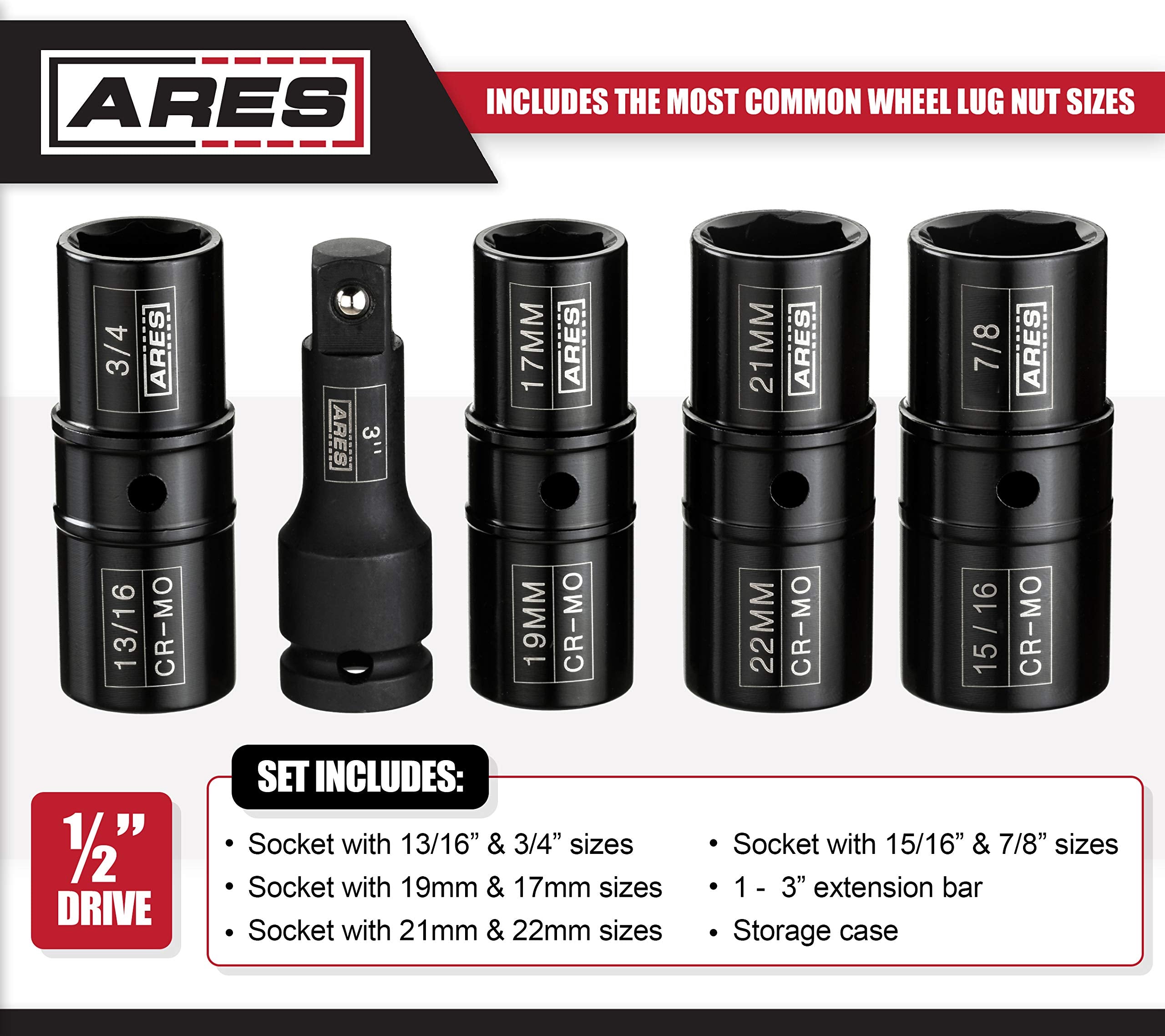 Ares 59010-5-Piece 1/2-Inch Drive Lug Nut Flip Socket Set - Includes 17Mm, 19Mm, 21Mm, 22Mm Metric Sizes & 3/4-Inch, 13/16-Inch,