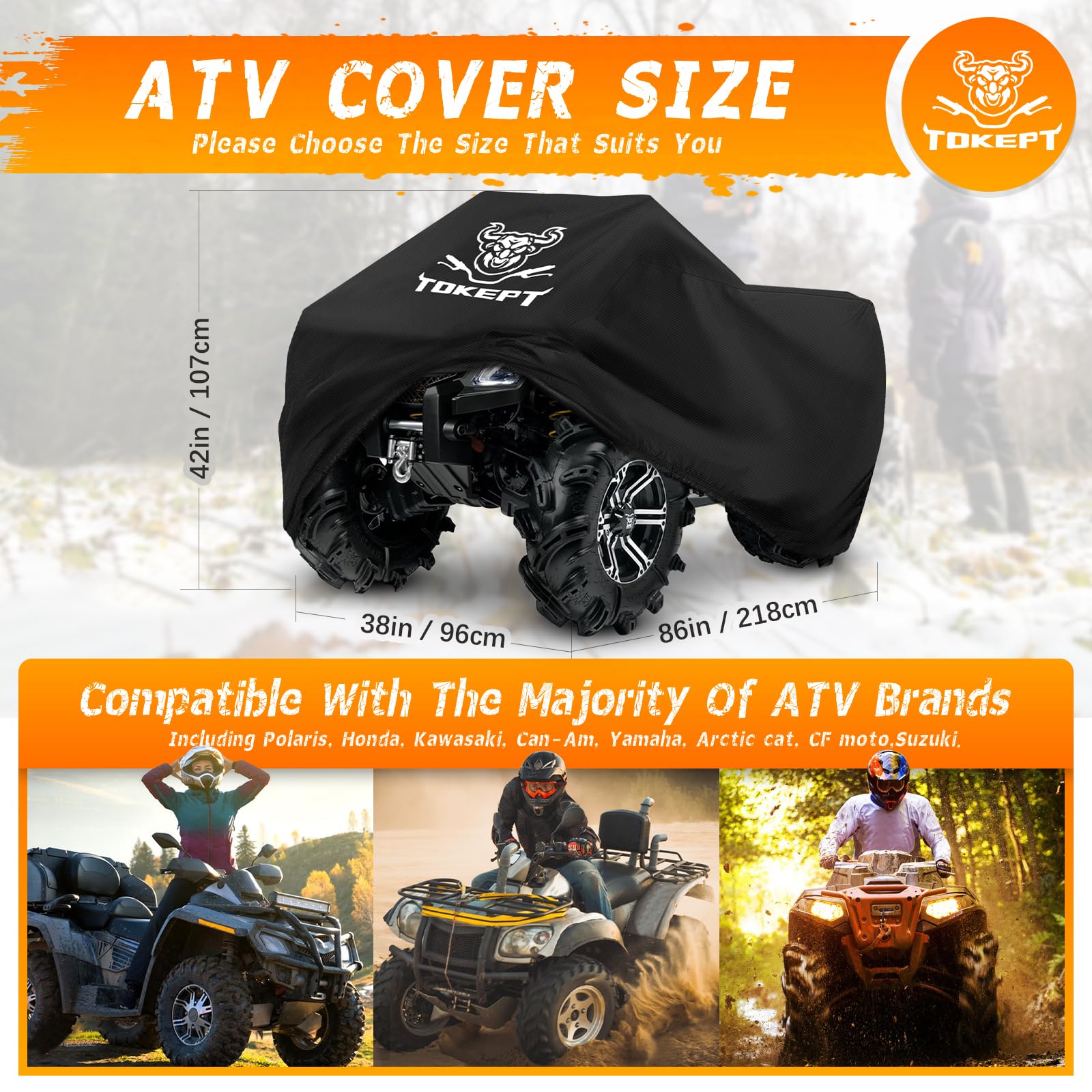 Tokept ATV Cover, Heavy Duty Black Waterproof Oxford Fabric Protective 4 Wheeler Quad Cover for 86'' Kawasaki Honda Polaris Yama