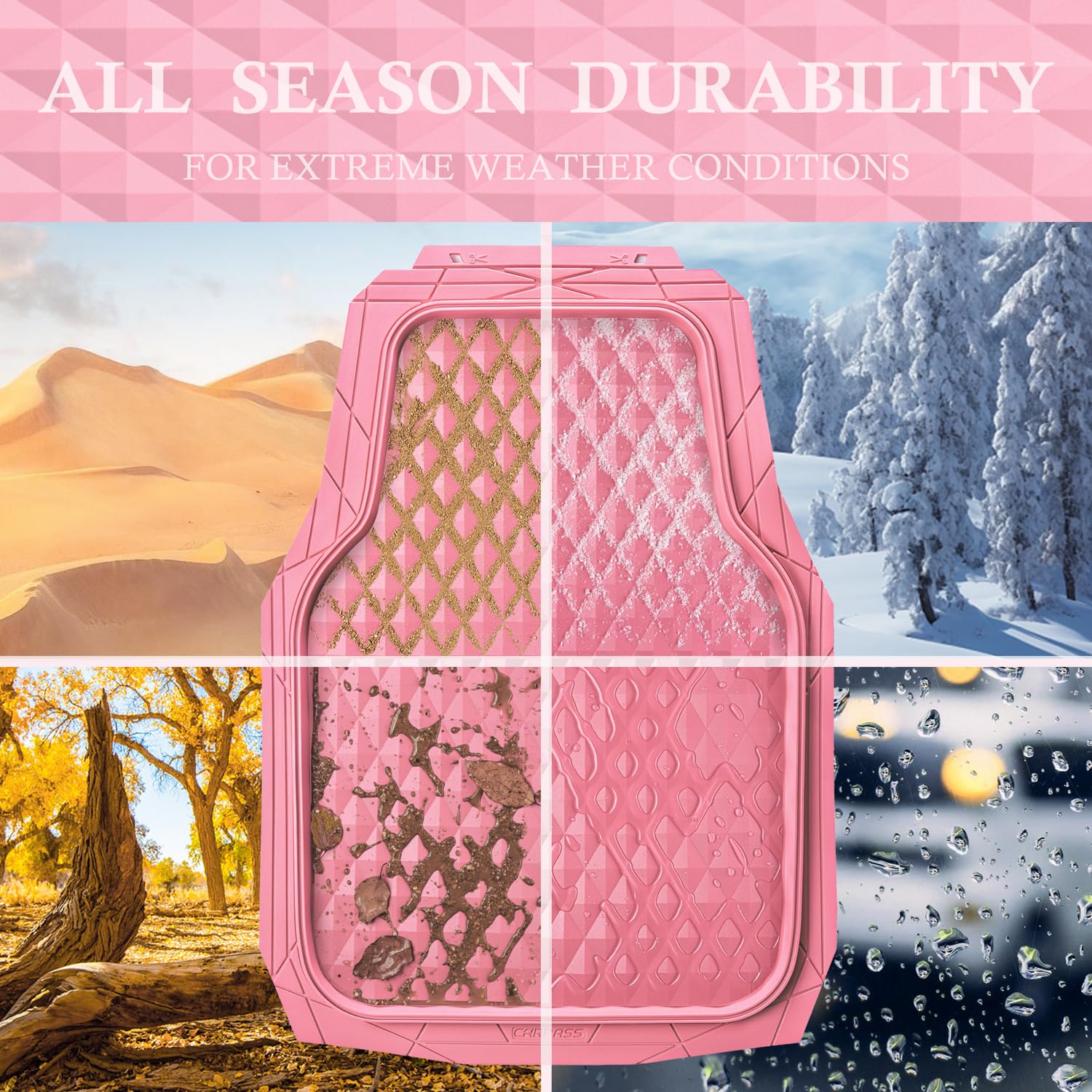 Car Pass Heavy Duty Rubber Pink Car Floor Mats & Cargo Liners, Deep Dish All-Weather Trunk Mats Durable Anti-Slip 3D Rhombus Wat