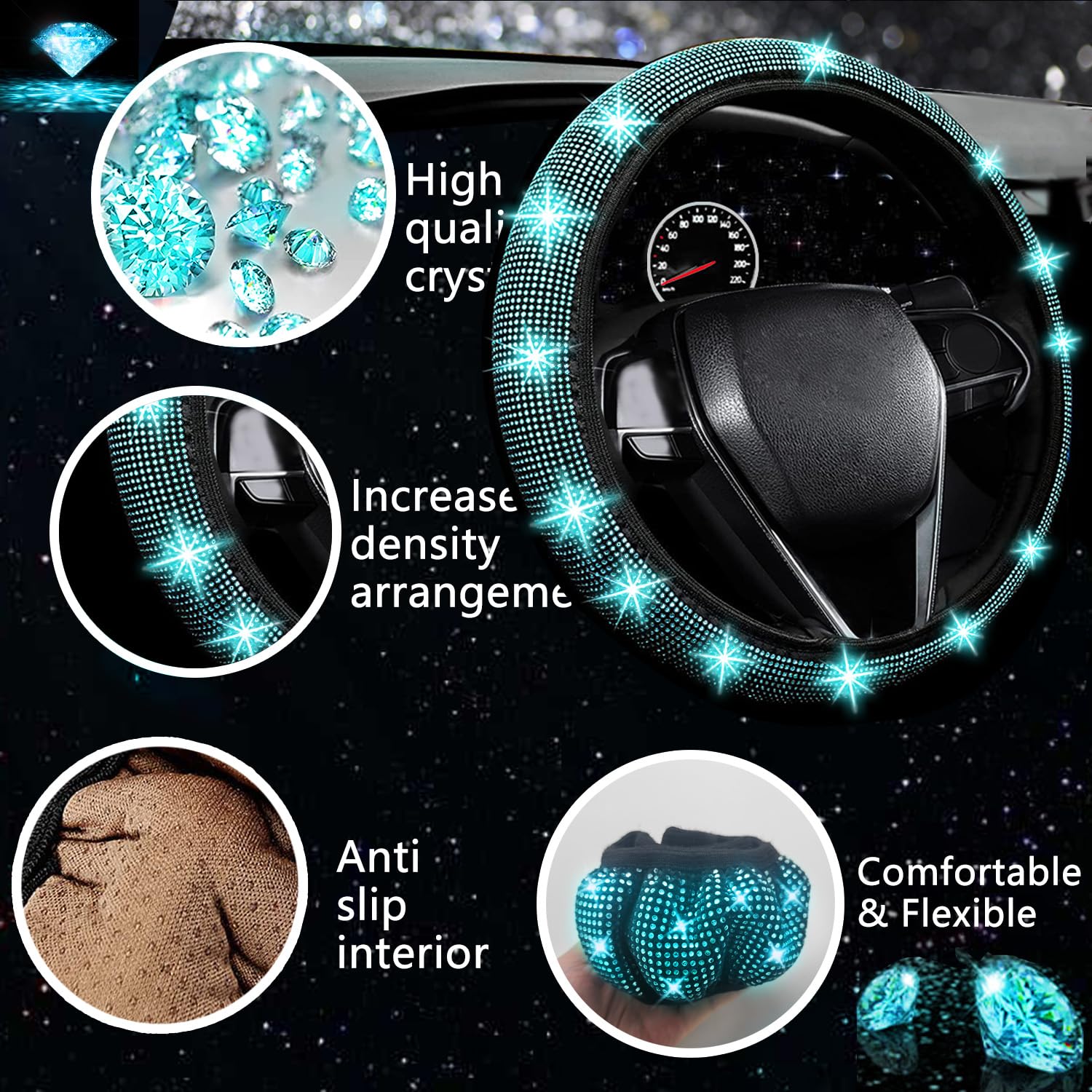 Nbtepem 27 Pcs Aquamrine Bling Car Accessories Set For Women, Bling Steering Wheel Covers Universal Fit 15 Inch, Bling License P