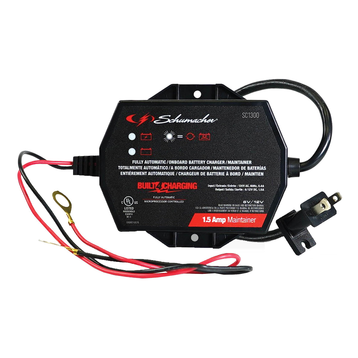 Schumacher Sc1300 Fully Automatic Direct-Mount Under-The-Hood Battery Charger/Maintainer With Battery Detection - 1.5 Amp, 6V/12V - For Cars, Motorcycles, Lawn Tractors, Power Sports