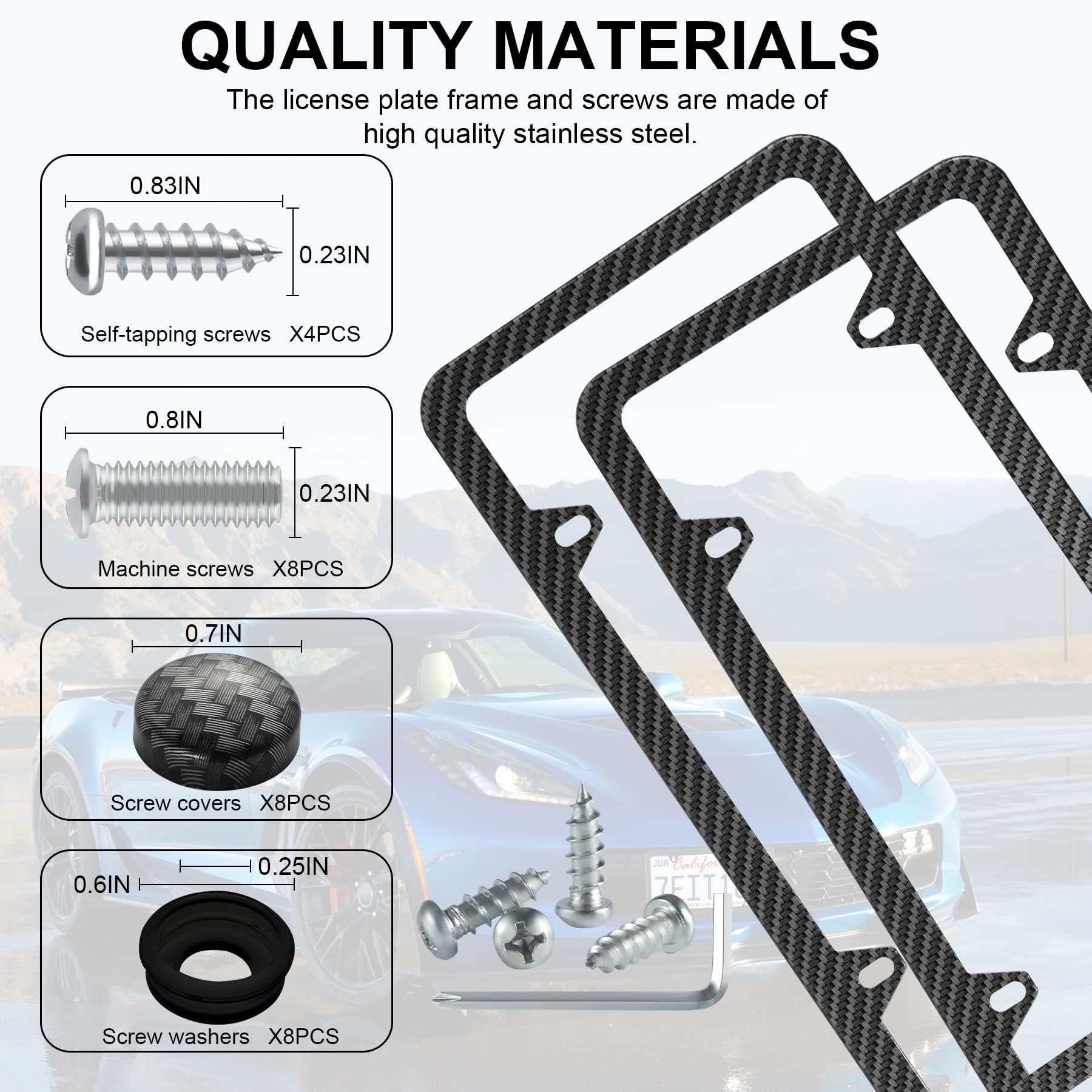 Livtee Carbon Fiber License Plate Frames, 4 Holes Stainless Steel License Plate Covers, 2Pcs Car License Plate Holder, Automotiv