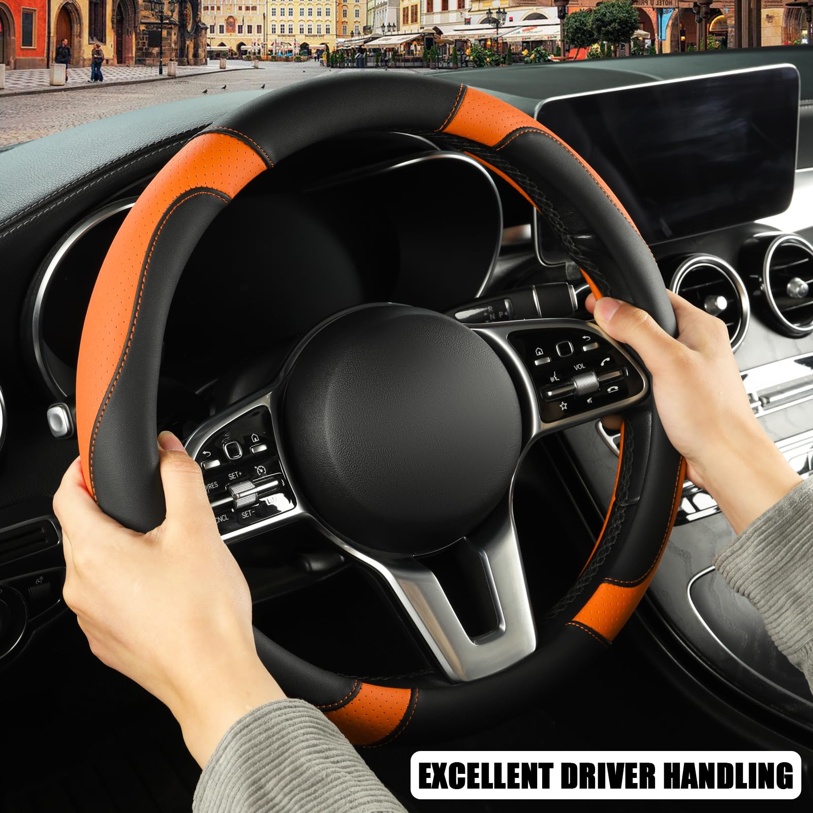 Binsheo Leather Steering Wheel Cover, Breathable, Anti Slip & Odor Free, Black And Orange