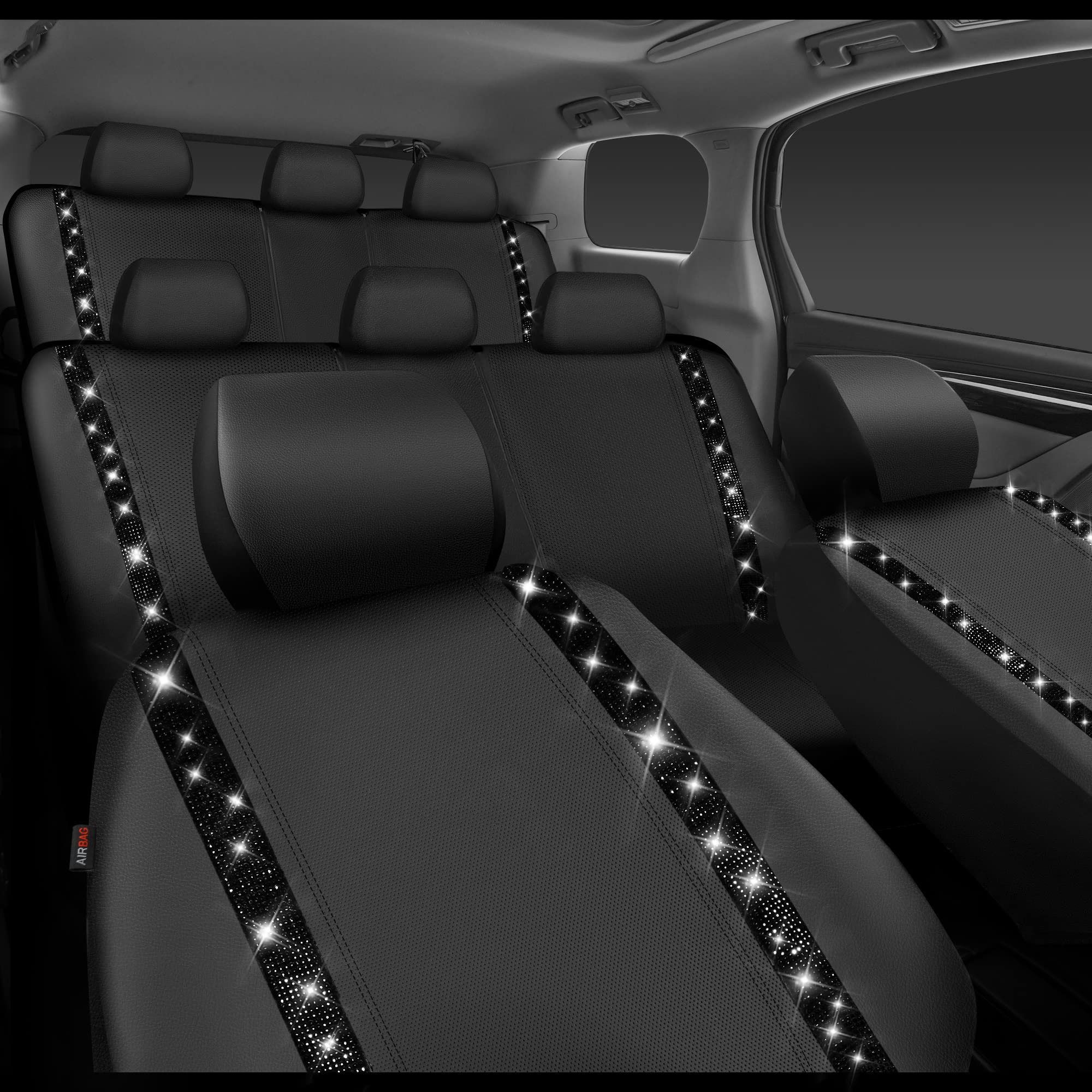 CAR PASS Bling Car Seat Covers, Shining Rhinestones Diamond Waterproof Faux Leather, 8 Seats 3 Rows with Zipper Glitter Crystal