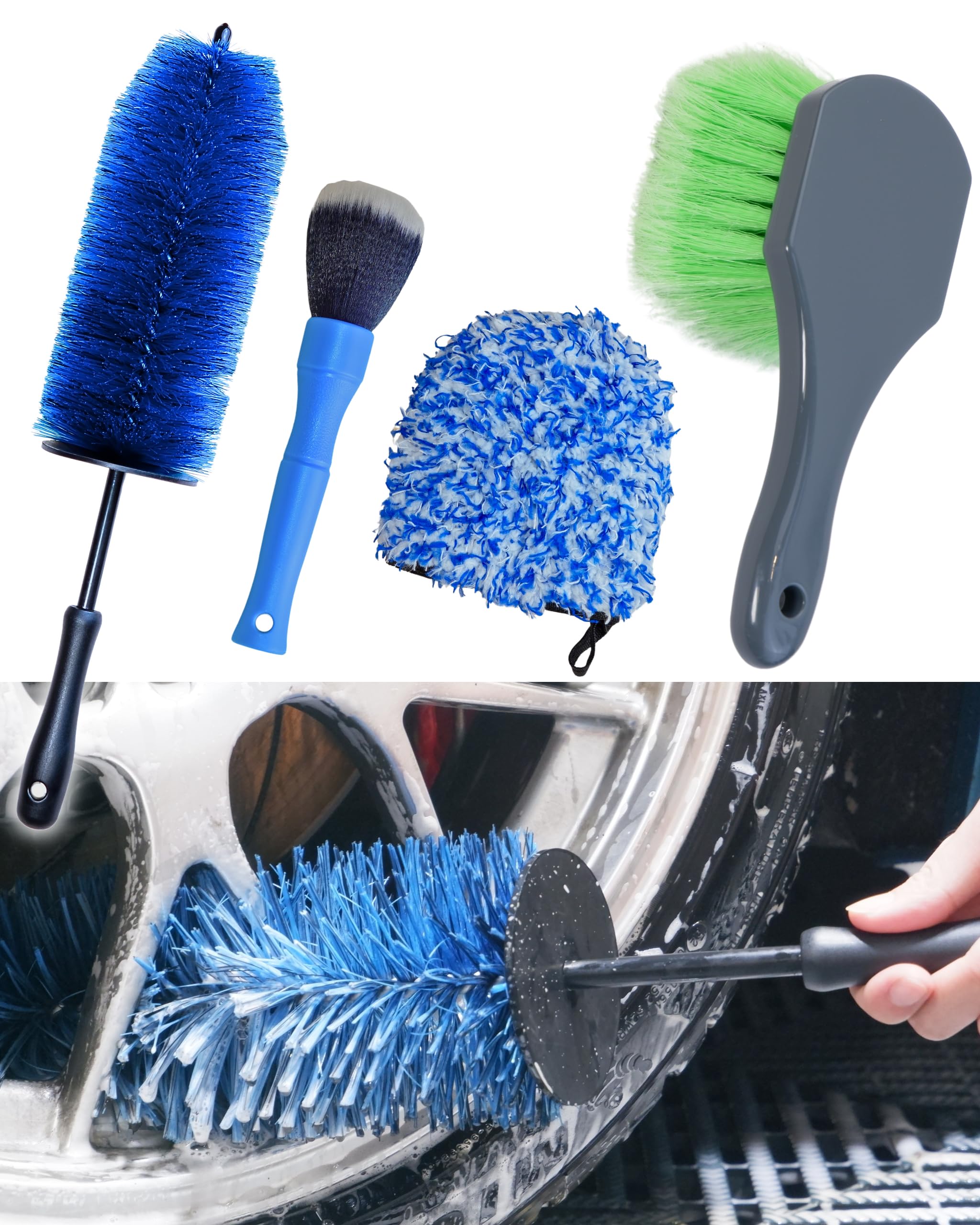 oesee Car Wheel Cleaning Kit: Wheel and Rim Flagged Tip Brush, Bendable Barrel Brush, Wheelie Mitt, Scratch-Free Detail Brush fo