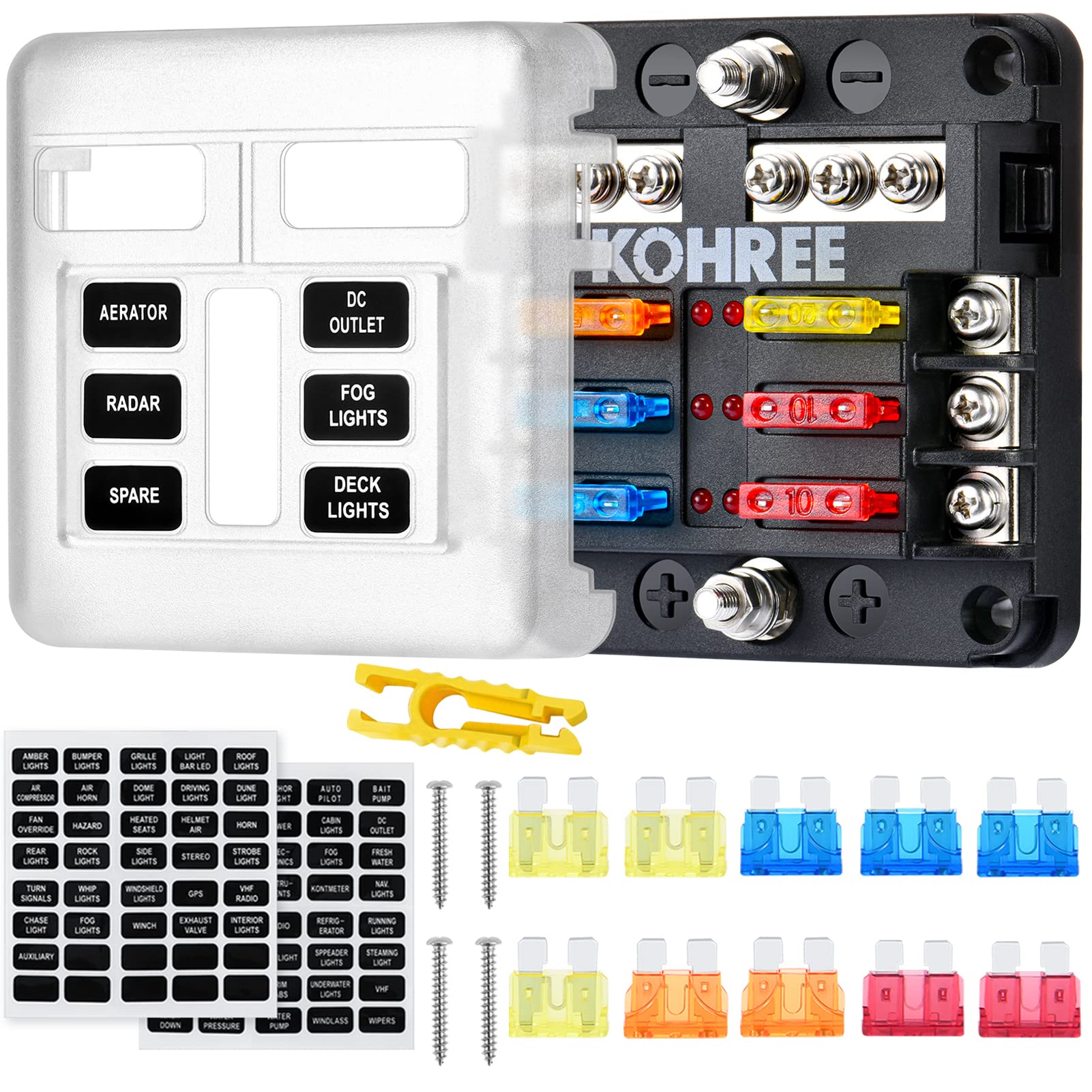 Kohree 6 Way Boat Fuse Block 12V, 12 Volt Marine Fuse Block Waterproof With Led Indicator, Automotive Fuse Box Holder 12V/24V Wi