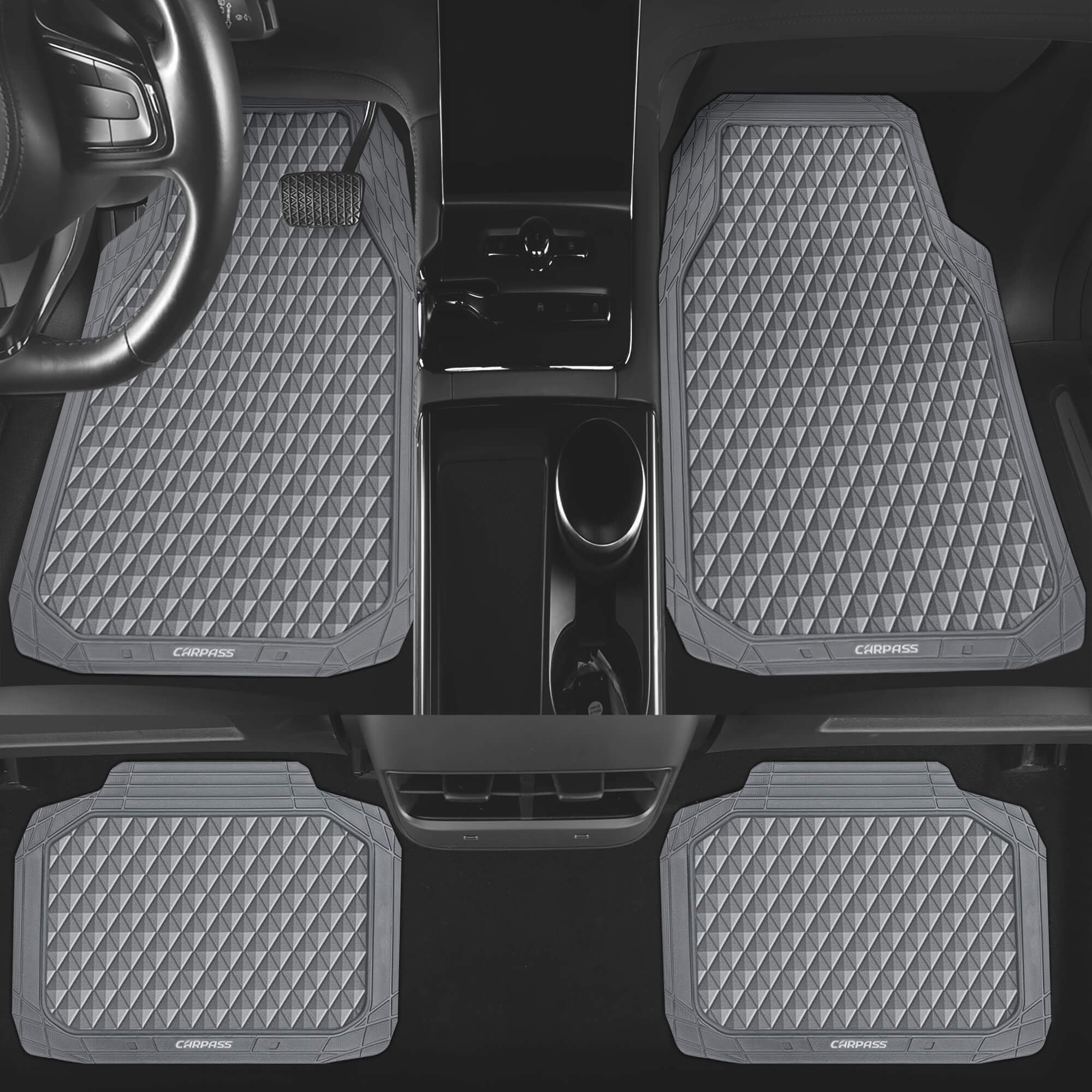 CAR PASS Gray Rubber Car Mats, All-Weather Floor Mats Full Set Durable Anti-Slip 3D Rhombus Waterproof Automotive Pad Trim to Fi
