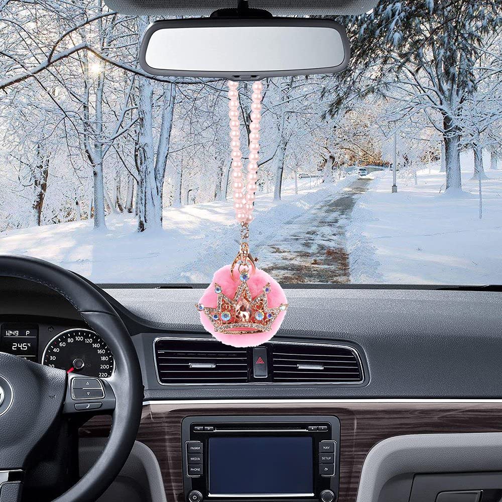 Car Mirror Hanging Accessories, Mini-Factory Rearview Mirror Hanging Bling Decoration Fluffy Luxury Diamond Crown with Pearl Cha
