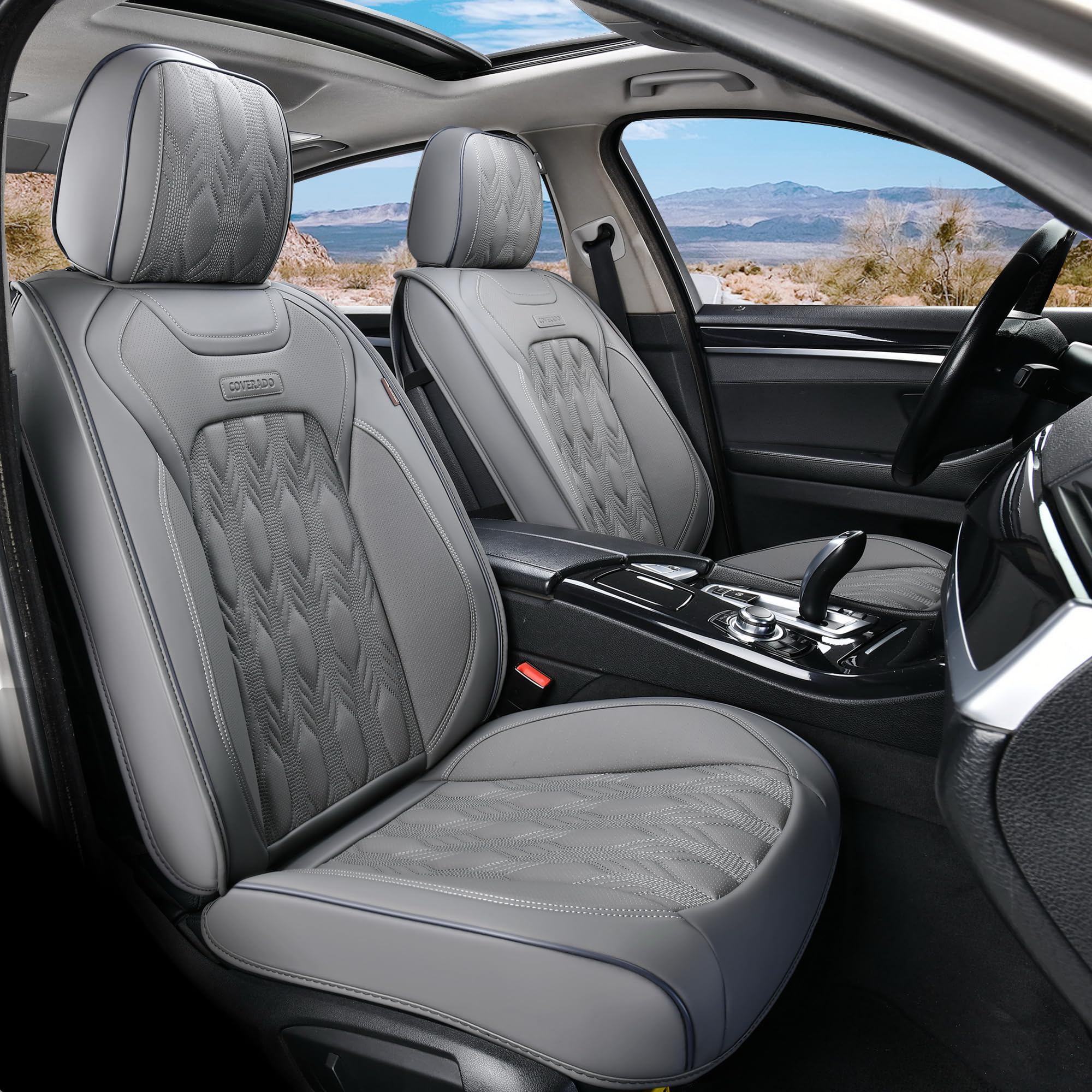 Coverado Car Seat Covers Full Set, 5 Seats Waterproof Leather Seat Covers For Cars, Gray Seat Covers, Universal Seat Covers Front Seat And Back, Car Seat Protectors Car Seat Cushions Fit For Most Cars