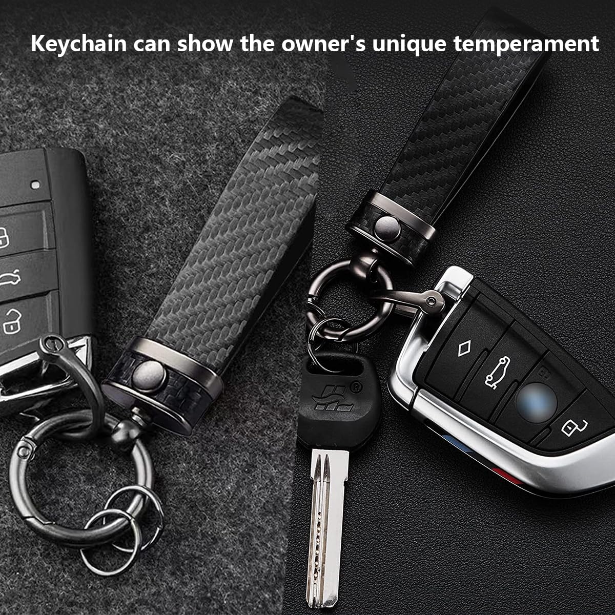 Kewucn Carbon Fiber Style Car Key Chain, Microfiber Leather Keychain, 360 Degree Rotatable Anti-Lost D-Ring Key Fob Holder (Blac